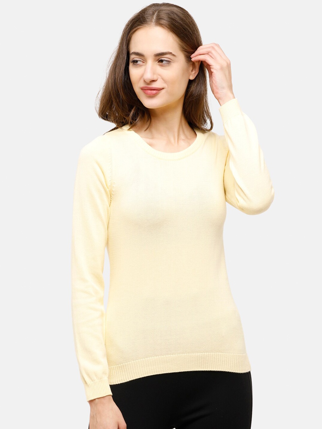 

98 Degree North Women Yellow Solid Pure Cotton Pullover Sweater