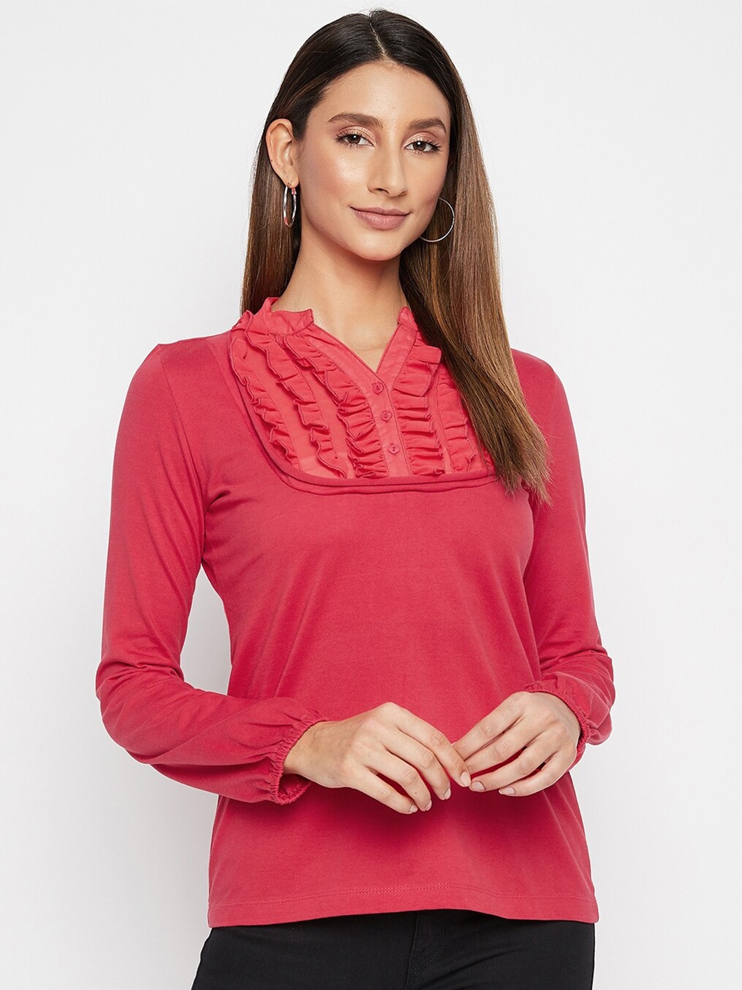 

PURYS Woman Pink Mandarin Collar Ruffled yoke Top