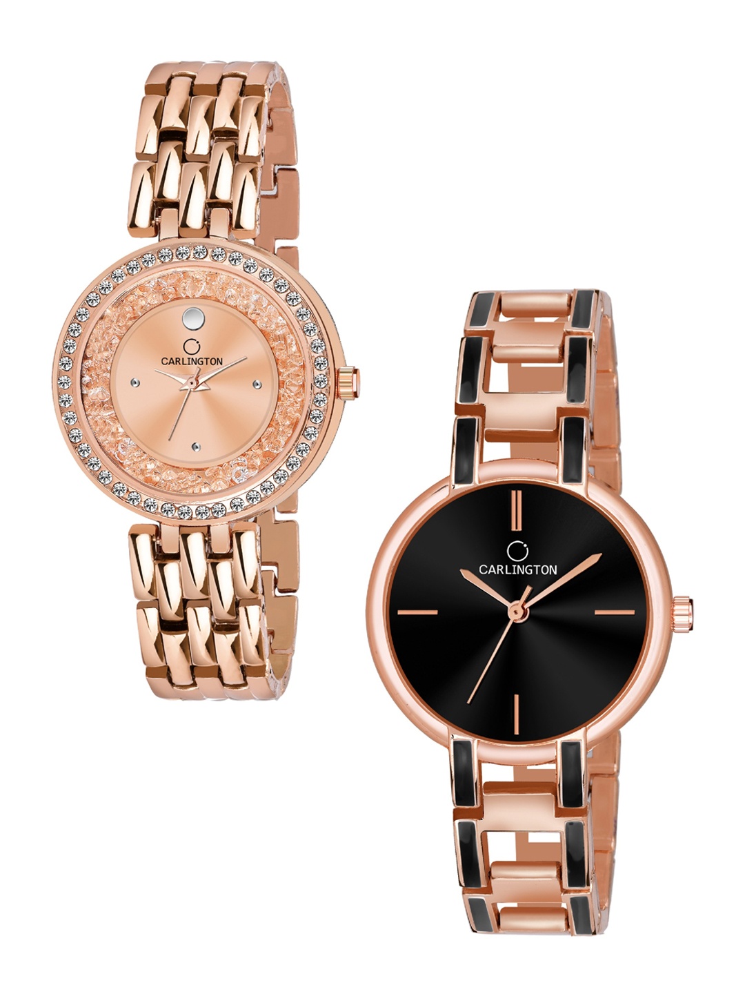 

CARLINGTON Women Set Of 2 Rose Gold-Toned Embellished Dial & Bracelet Style Straps Watch