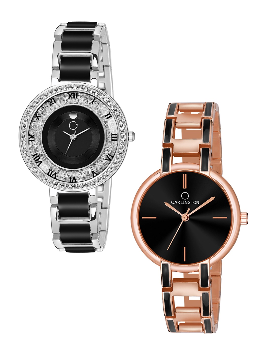 

CARLINGTON Women Set Of 2 Black Embellished Dial & Bracelet Style Straps Analogue Watch, Steel