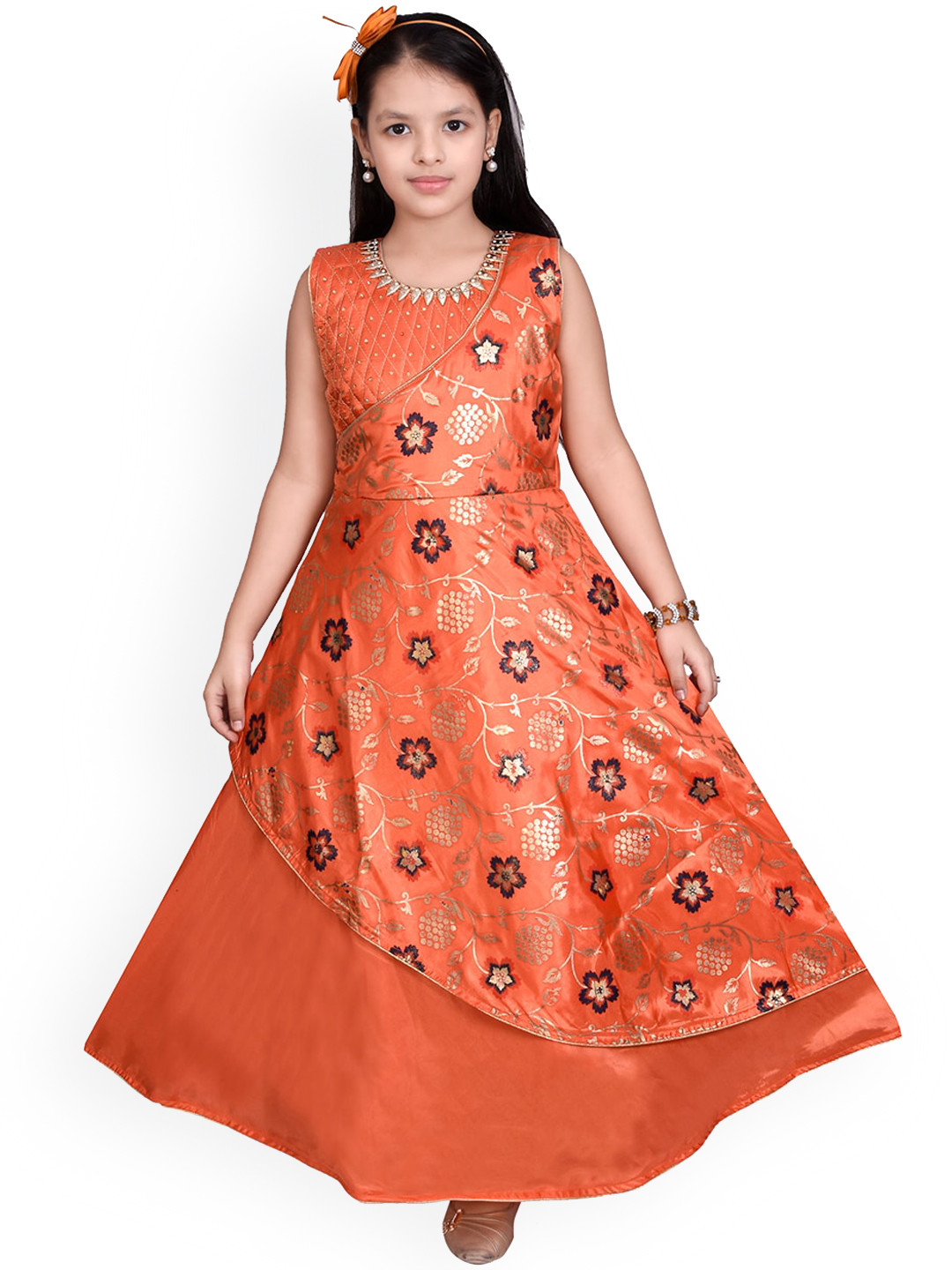 

SKY HEIGHTS Girls Orange & Gold Floral Printed Satin Maxi Fit & Flare Dress