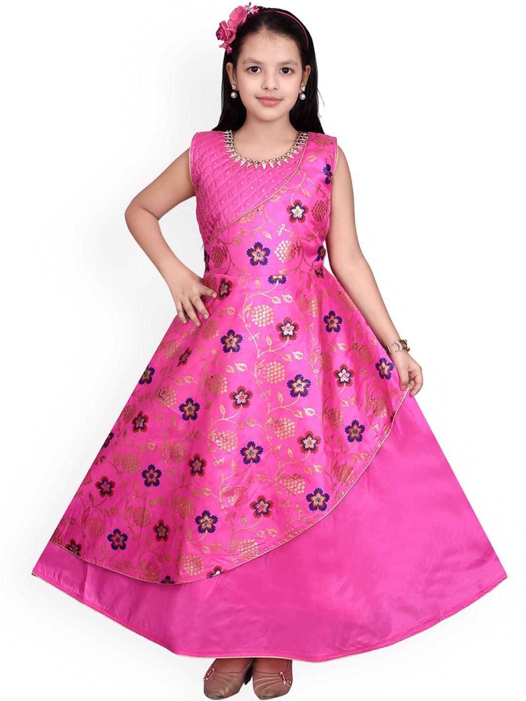 

SKY HEIGHTS Girls Pink Floral Satin Maxi Dress