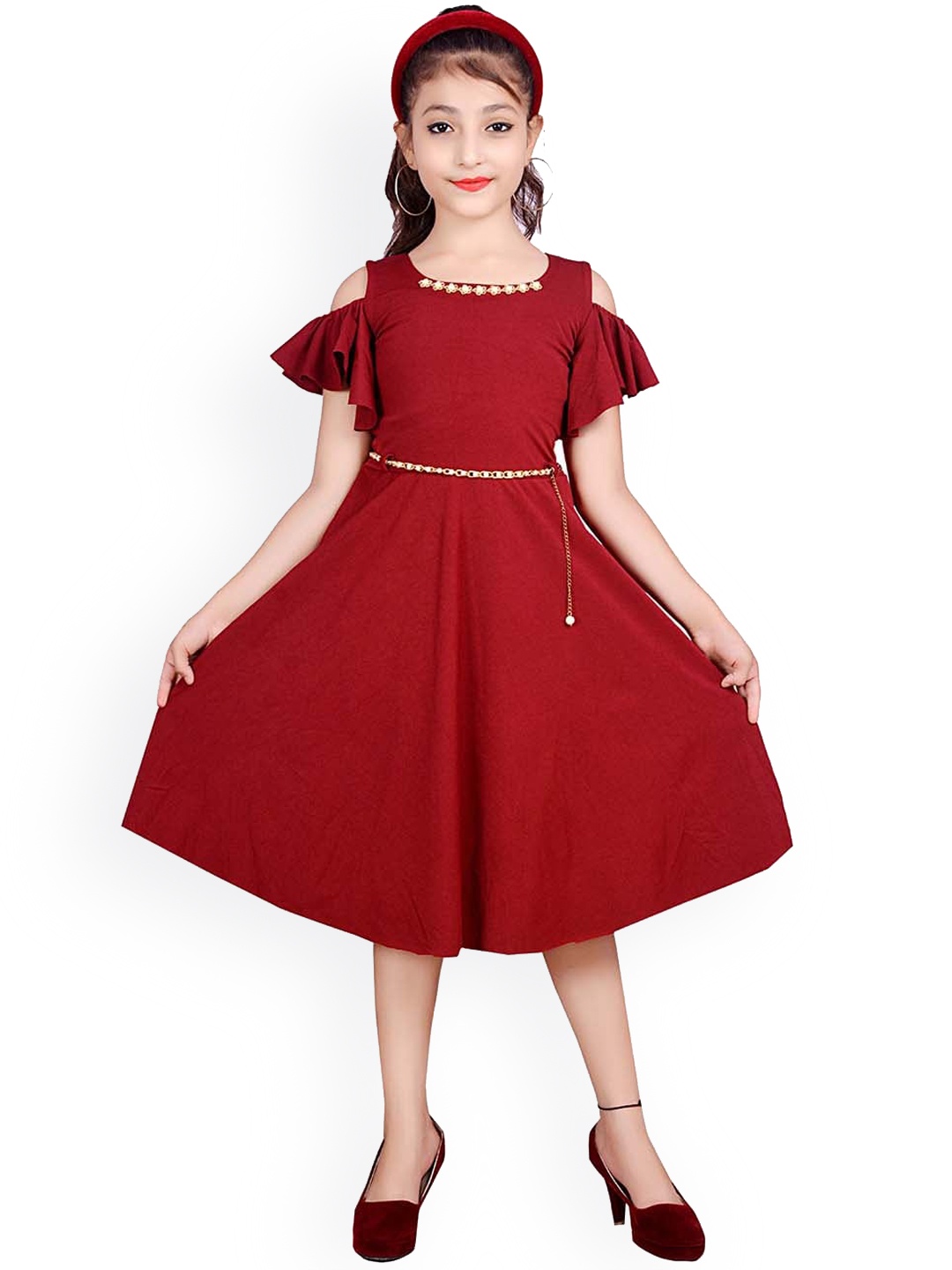 

SKY HEIGHTS Girls Maroon Solid Fit & Flare Crepe Dress