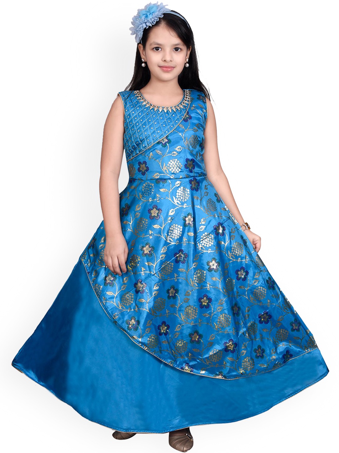 

SKY HEIGHTS Girls Blue & Gold-Toned Floral Print A-line Dress