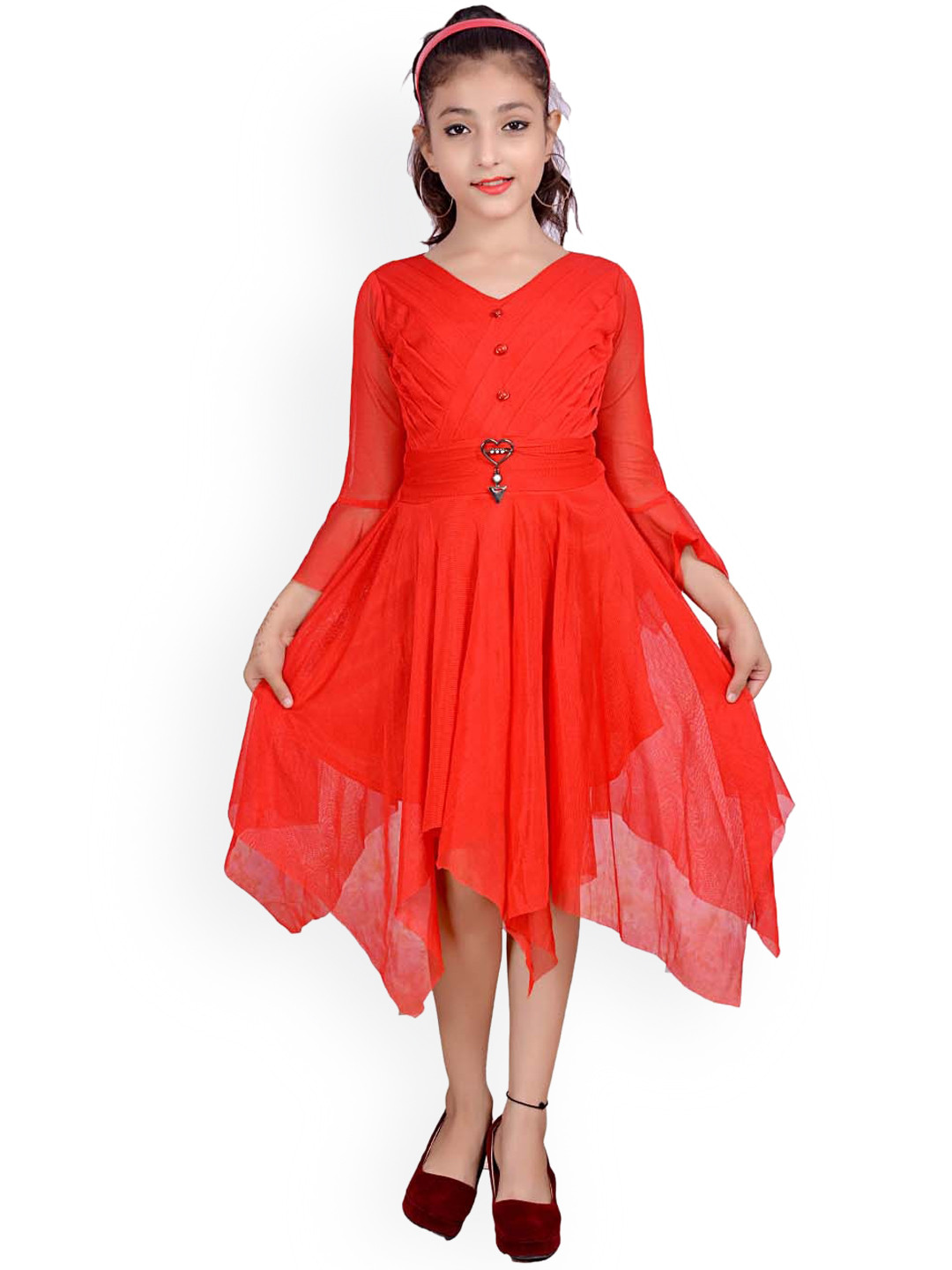 

SKY HEIGHTS Red Solid Net Midi Fit & Flare Dress