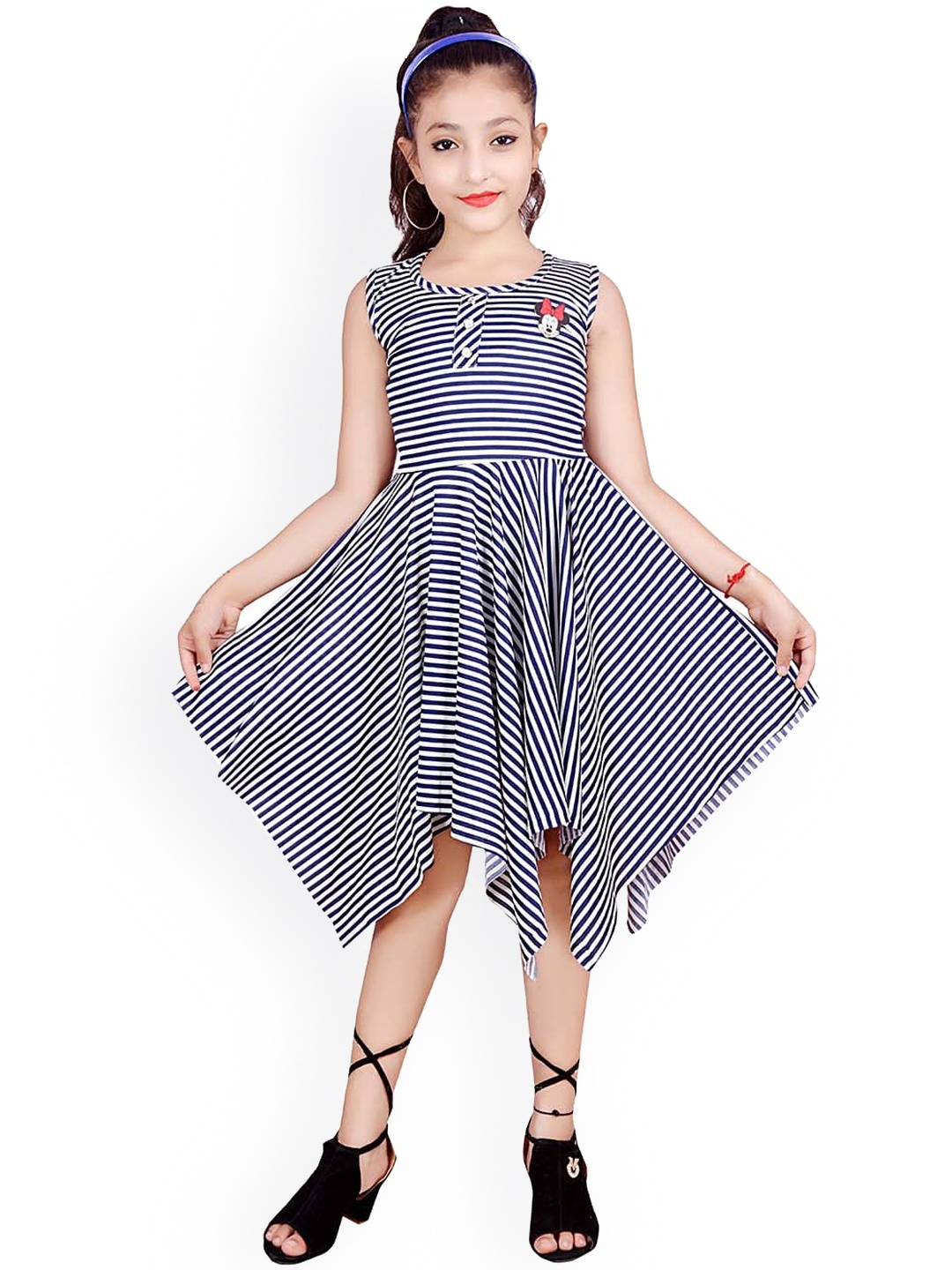 

SKY HEIGHTS Girls Navy Blue & White Striped Minnie Mouse Crepe Fit & Flare Dress