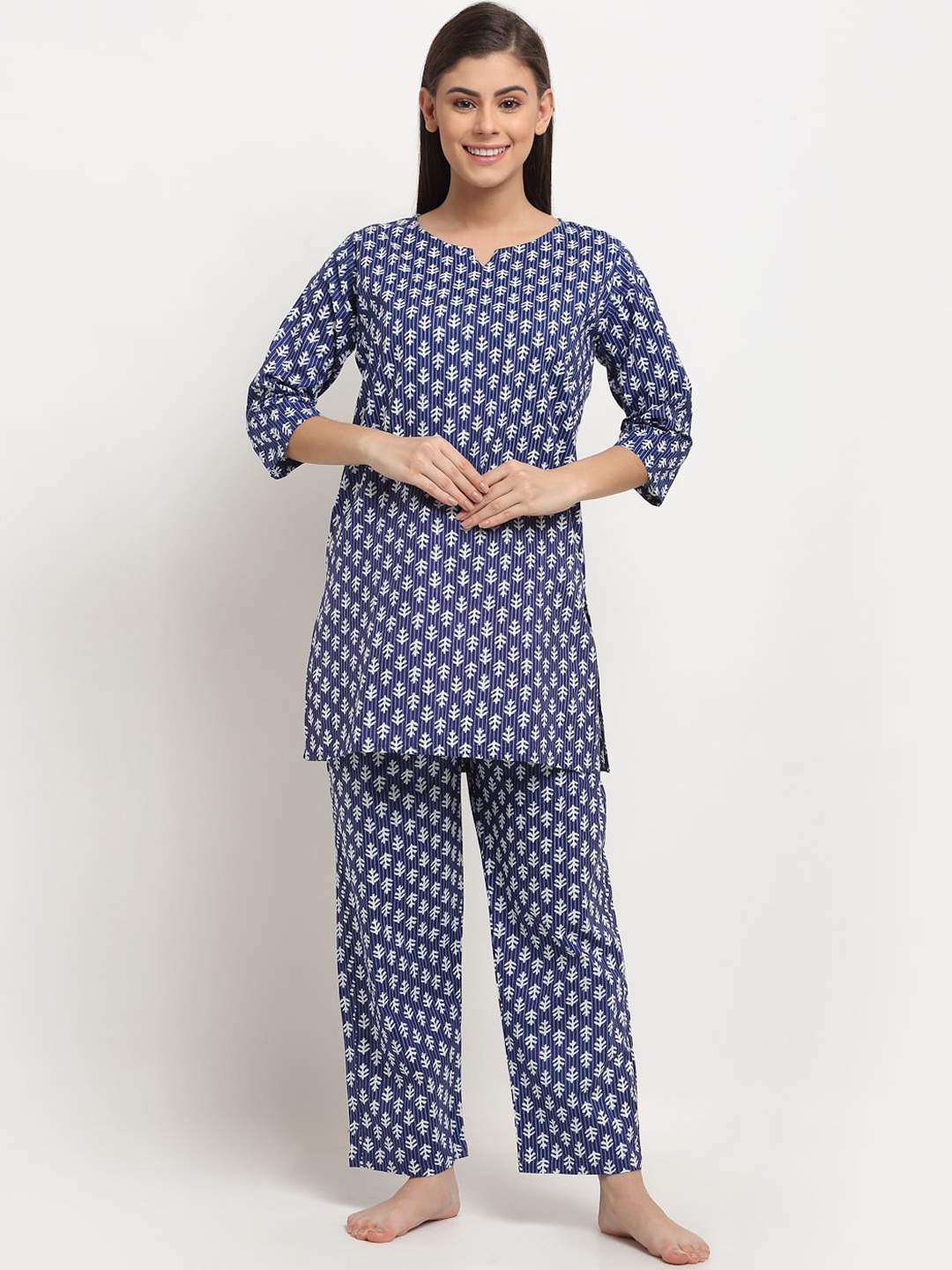 

NEUDIS Women Blue & White Pure Cotton Printed Night suit