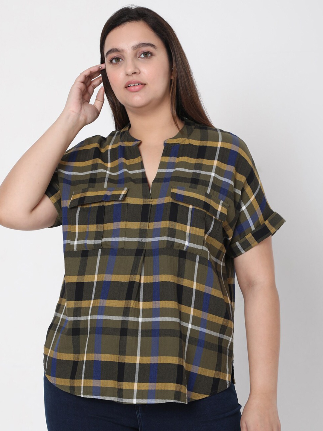 

VERO MODA CURVE Olive Green & Yellow Checked Mandarin Collar Regular Top