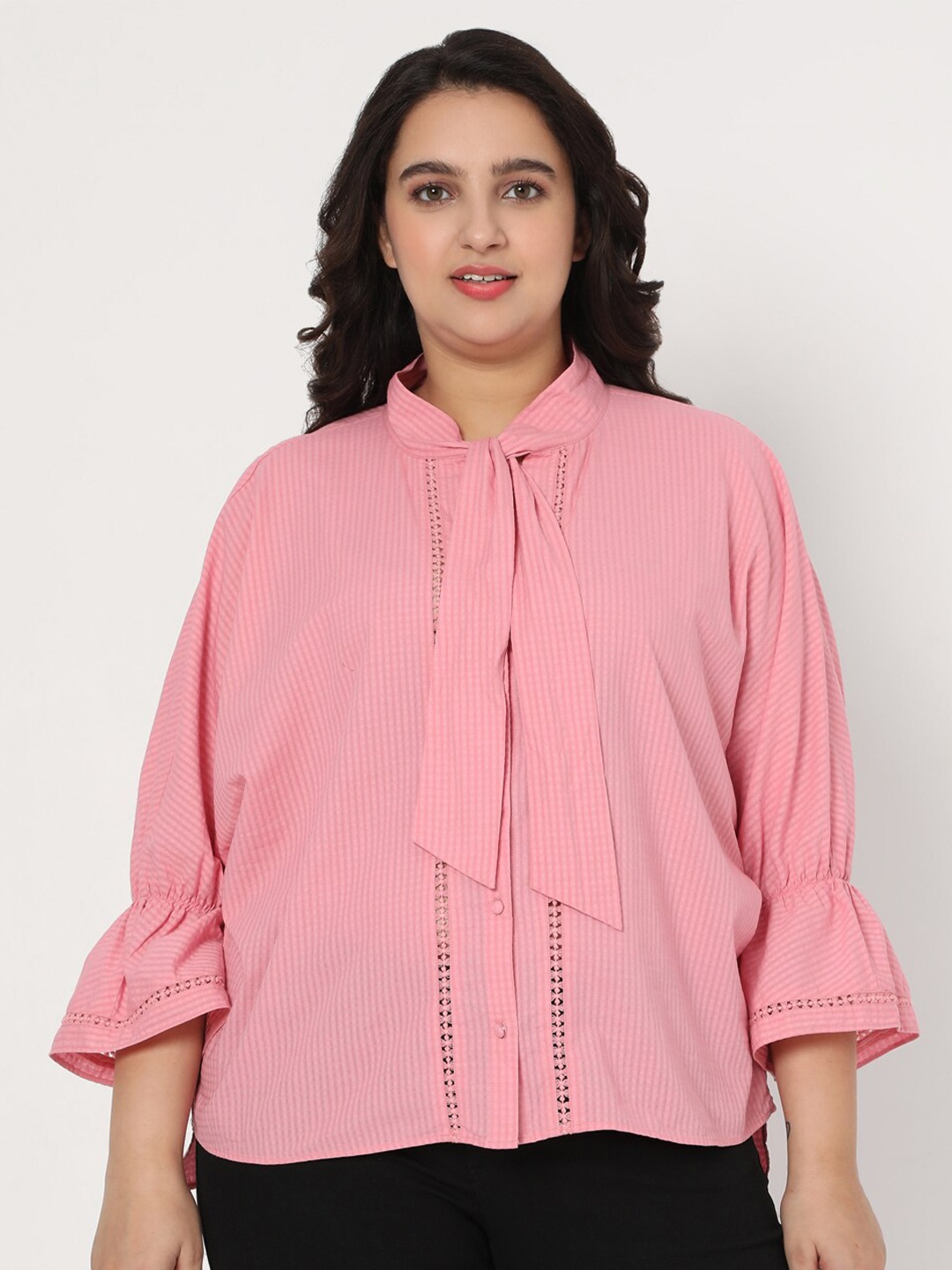 

VERO MODA CURVE Pink Striped Tie-Up Neck Fringed Regular Top