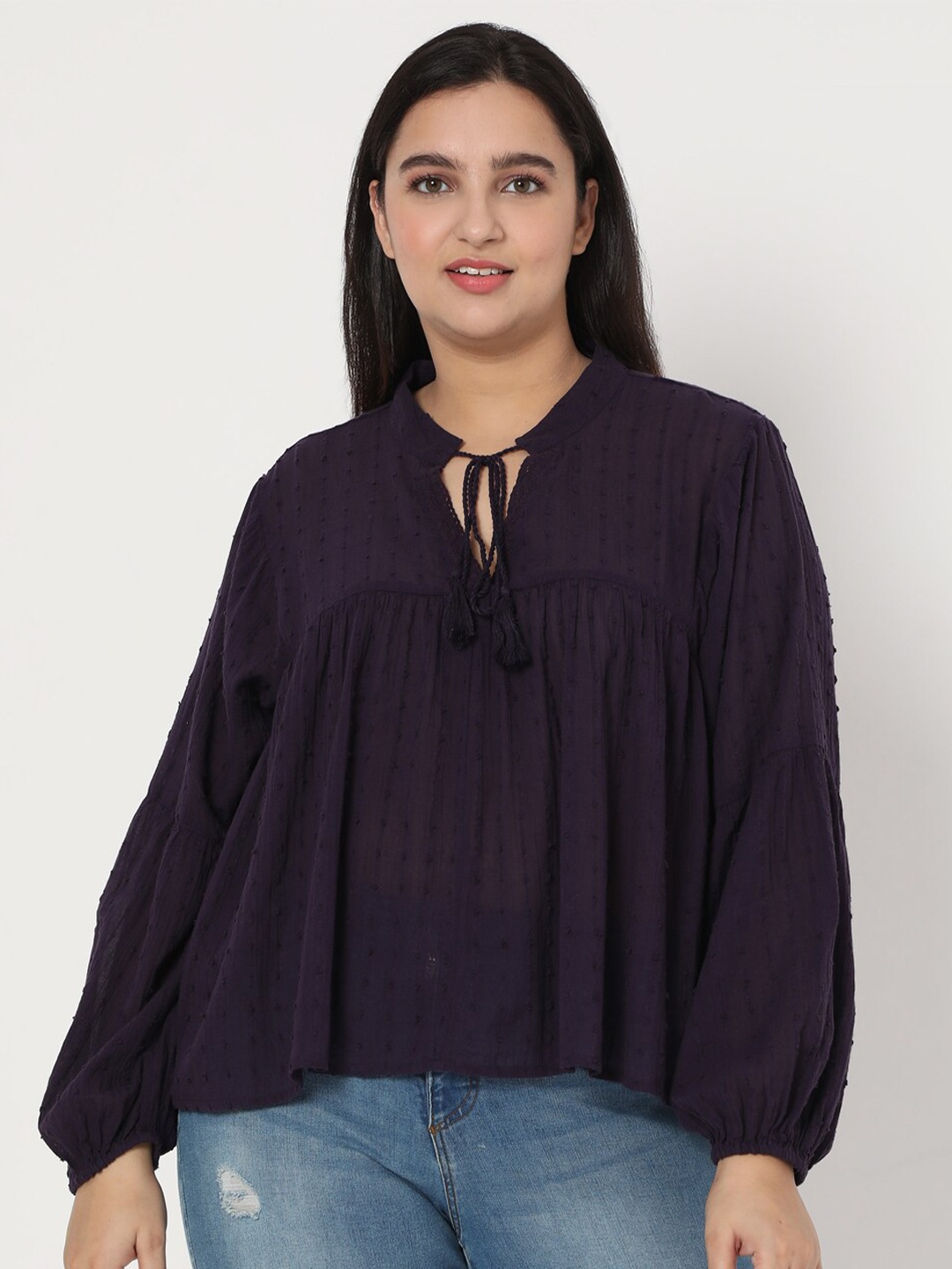 

VERO MODA CURVE Navy Blue Geometric Embroidered Tie-Up Neck Boxy Top