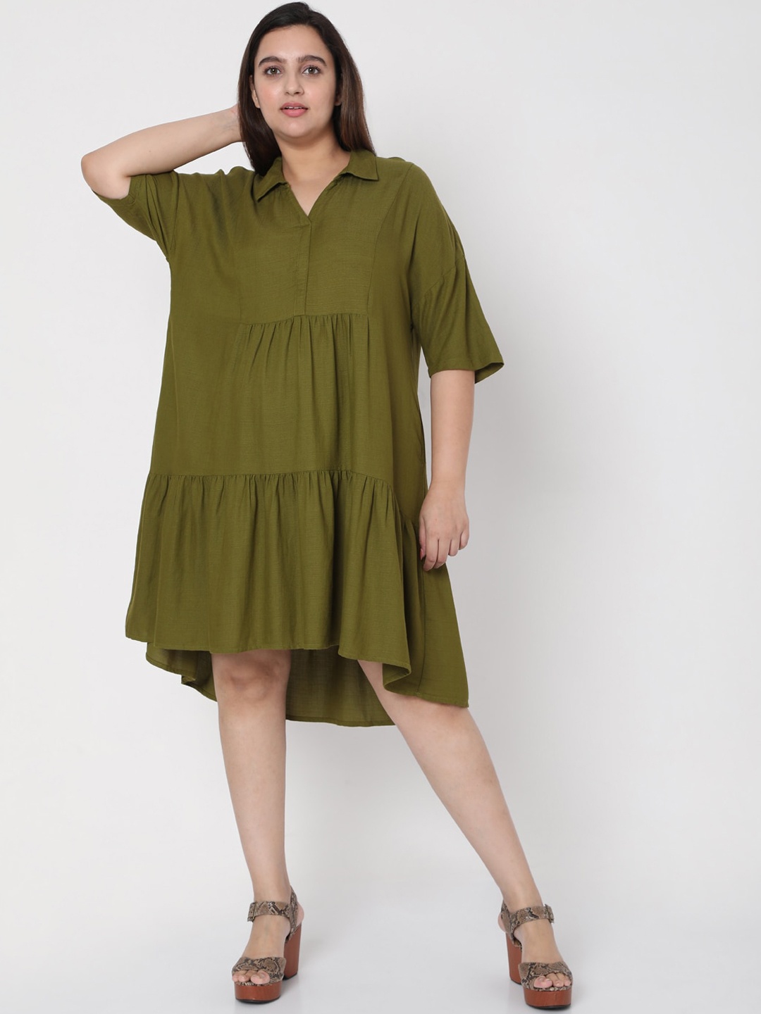 

VERO MODA CURVE Women Green Solid Tiered Empire Dress, Olive