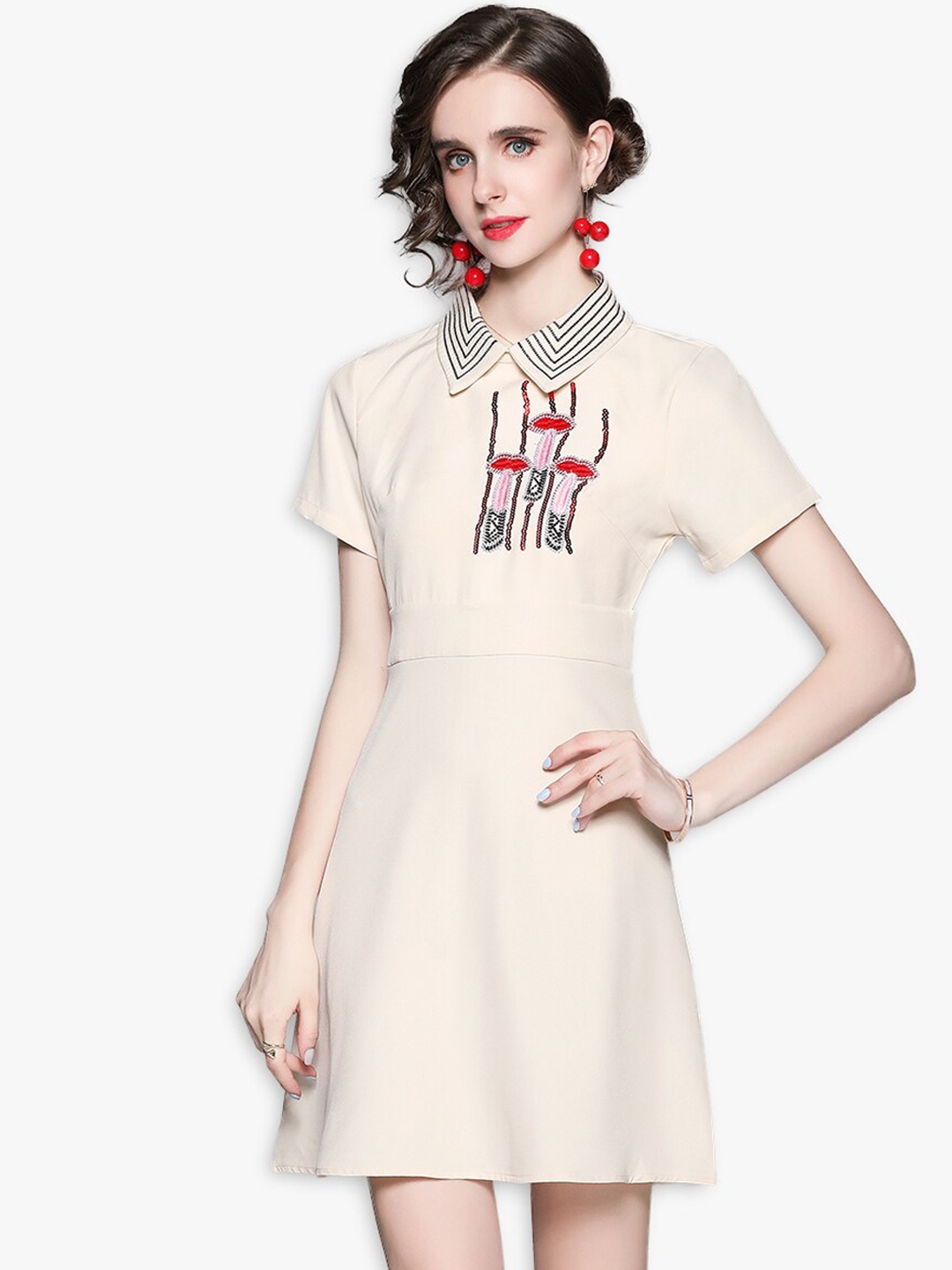 

JC Collection Beige & Red Embellished A-Line Mini Dress