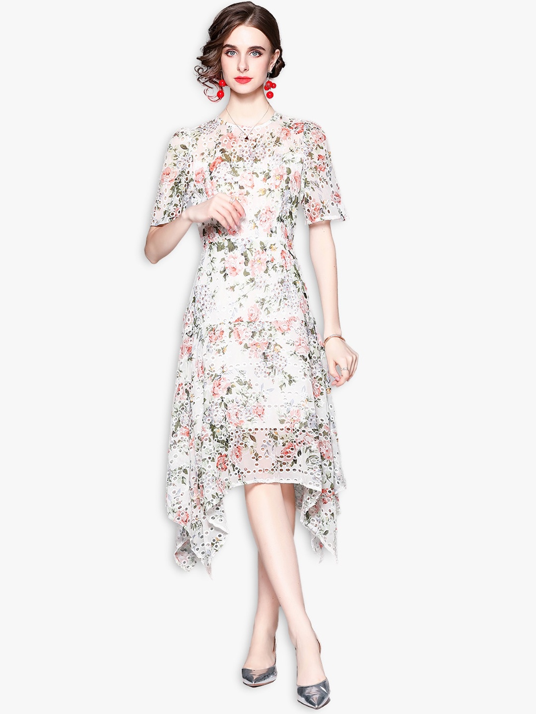 

JC Collection White & Green Floral A-Line Midi Dress