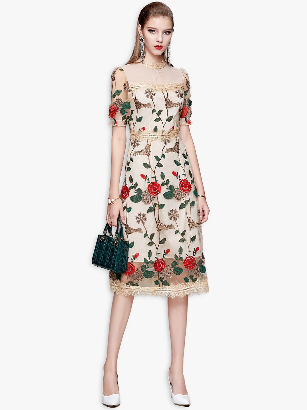 

JC Collection Cream-Coloured Floral Embroidered A-Line Dress