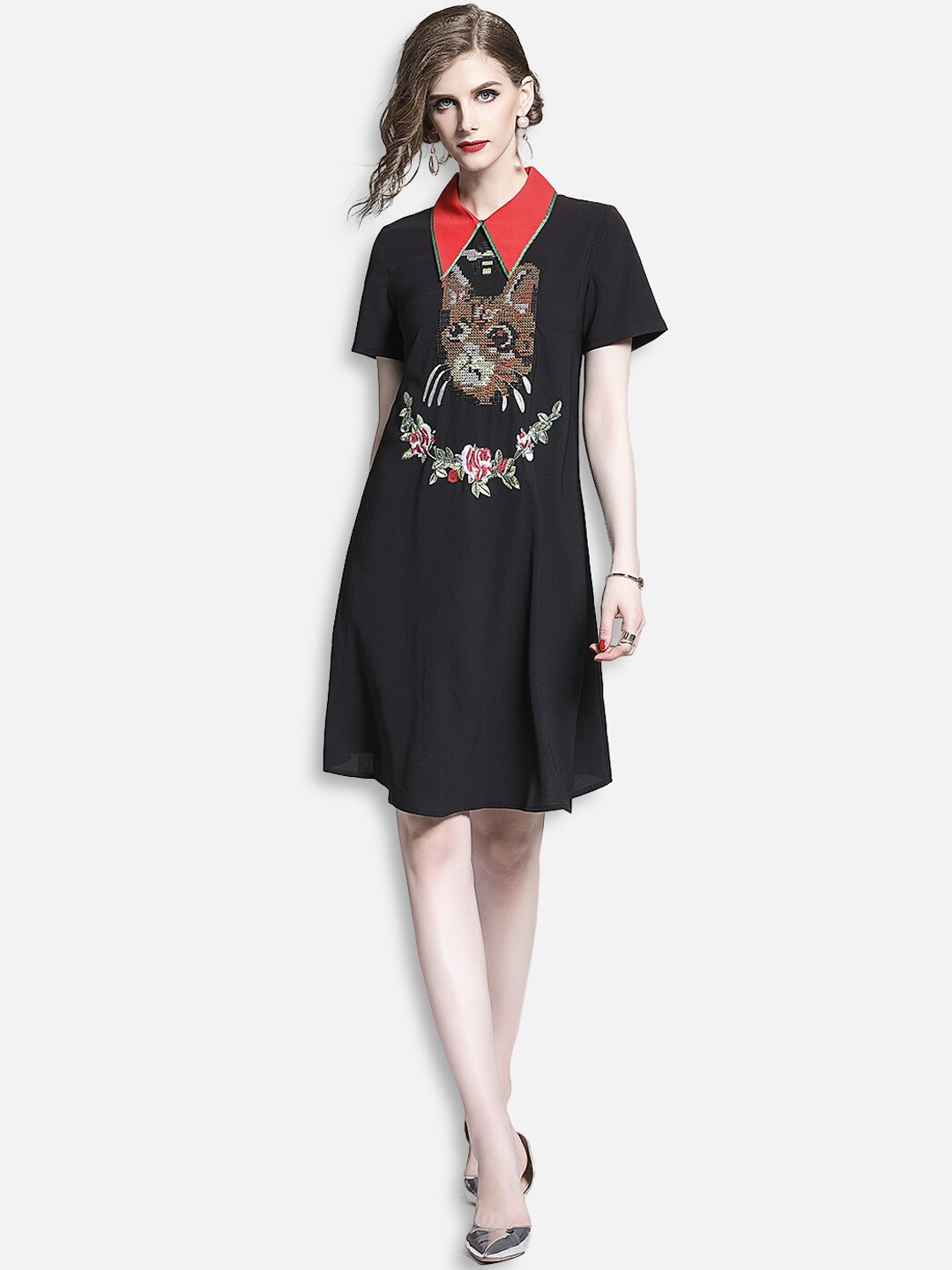 

JC Collection Black Self-Design Flared Dress