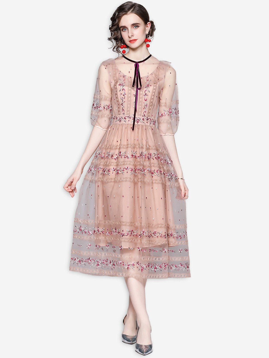 

JC Collection Pink Floral Embroidered Tie-Up Neck Midi Dress
