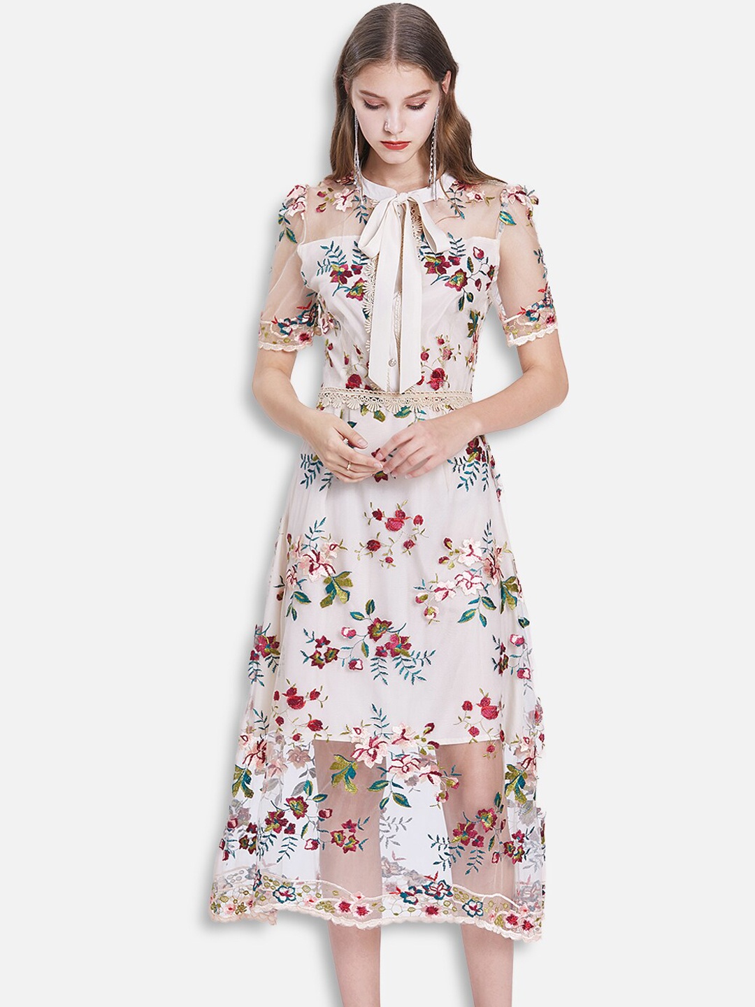 

JC Collection Woman White Floral Tie-Up Neck A-Line Midi Dress, Multi