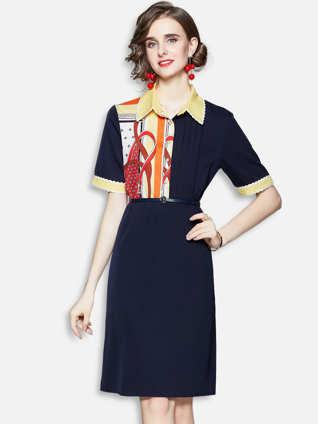 

JC Collection Navy Blue & Yellow Sheath Dress