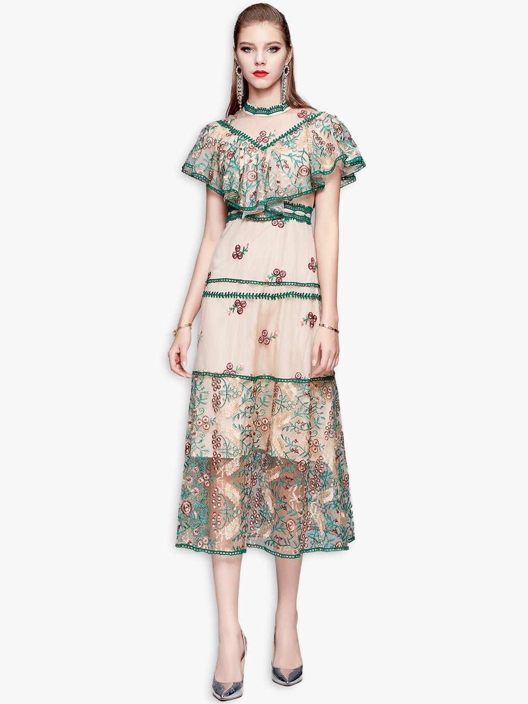 

JC Collection Beige & Green Floral Embroidered Midi Dress
