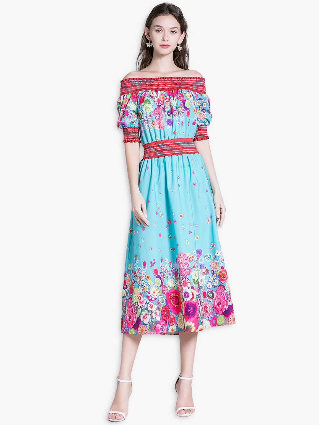 

JC Collection Blue & Red Floral Off-Shoulder Midi Dress
