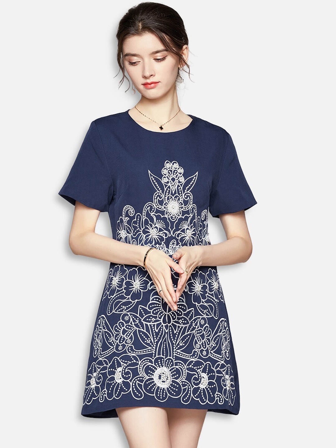 

JC Collection Navy Blue Floral A-Line Mini Dress