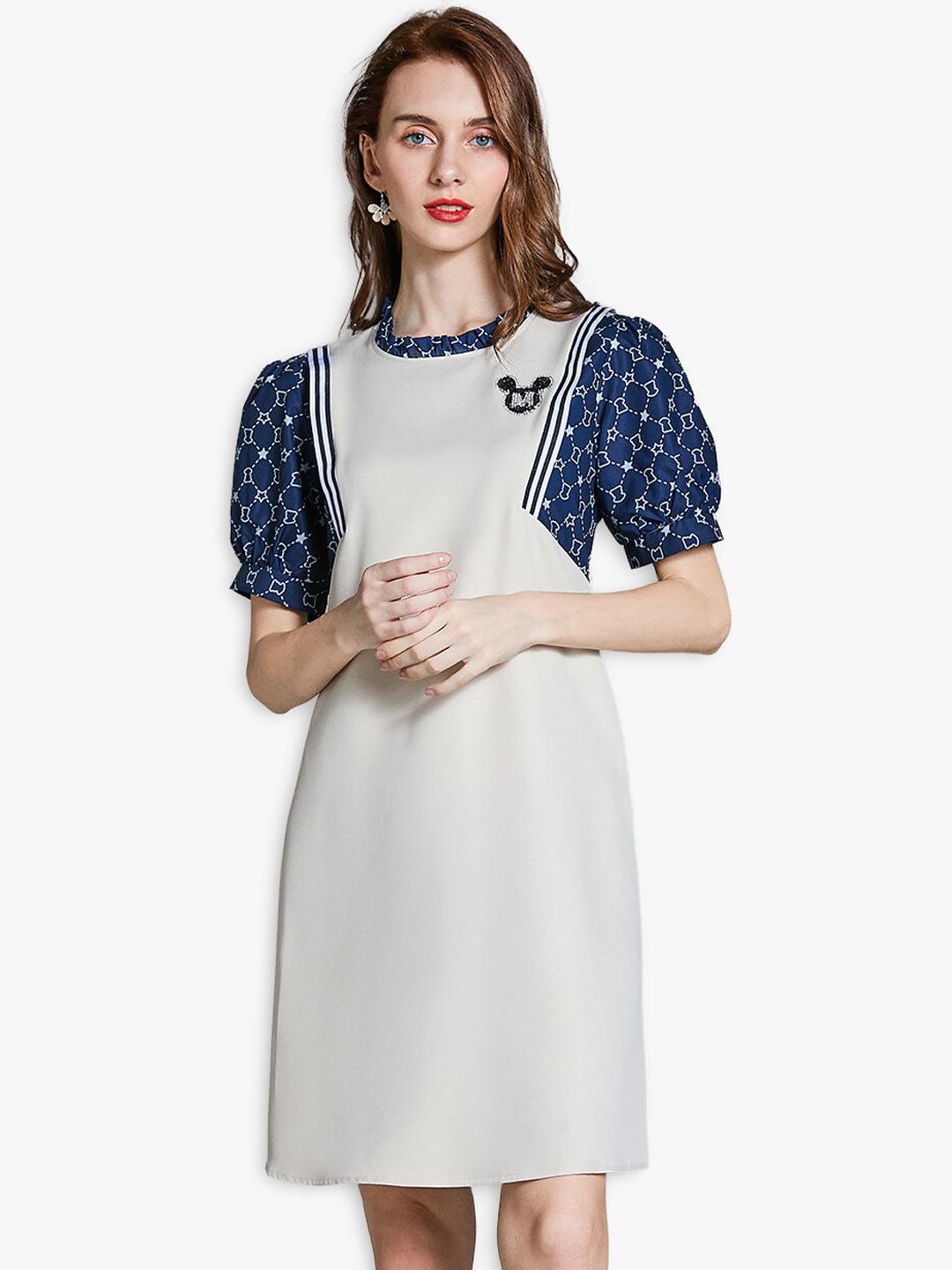 

JC Collection White & Navy Blue Printed A-Line Dress