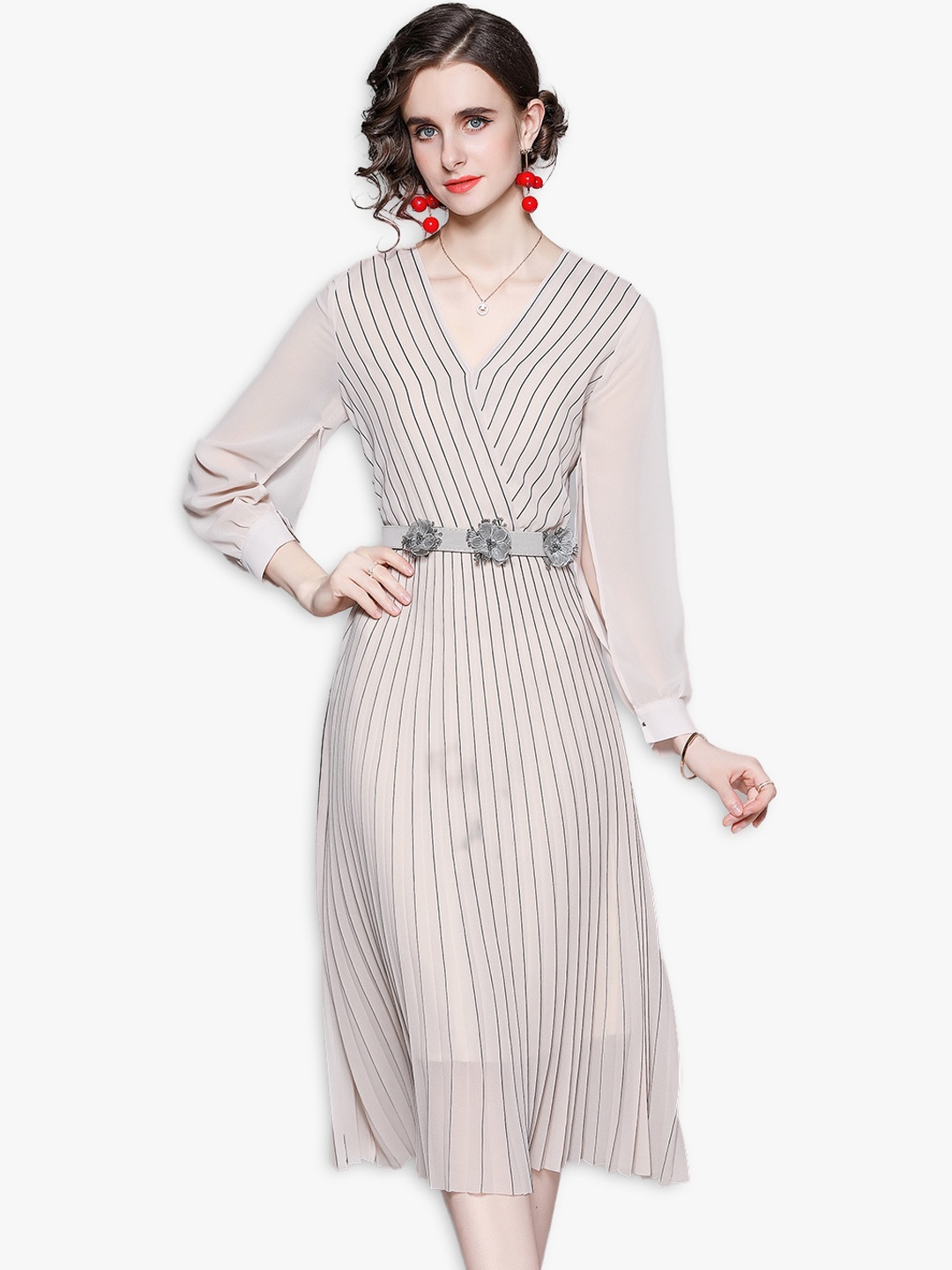 

JC Collection Beige Striped A-Line Midi Dress