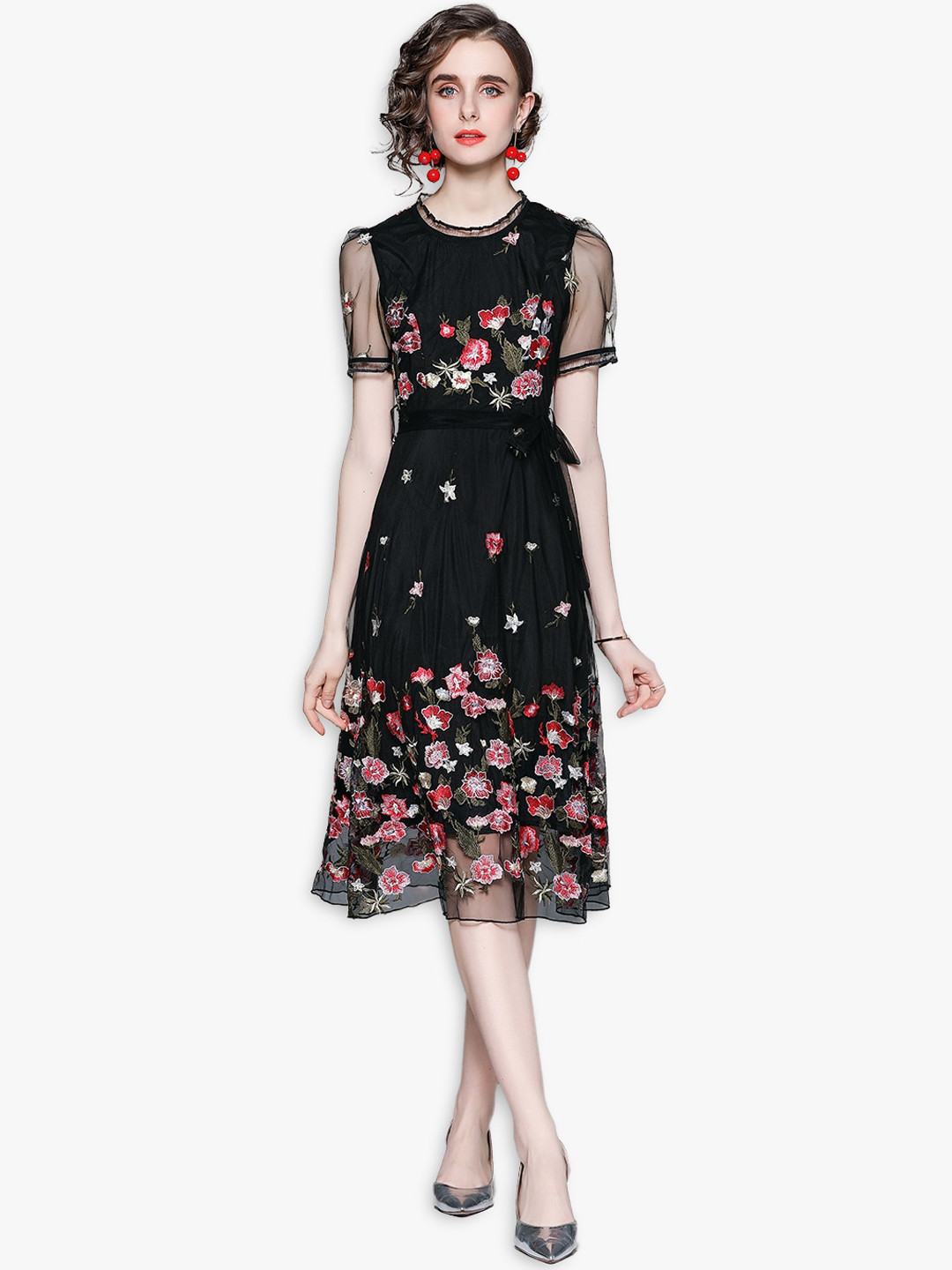 

JC Collection Black & Red Floral Embroidered Dress