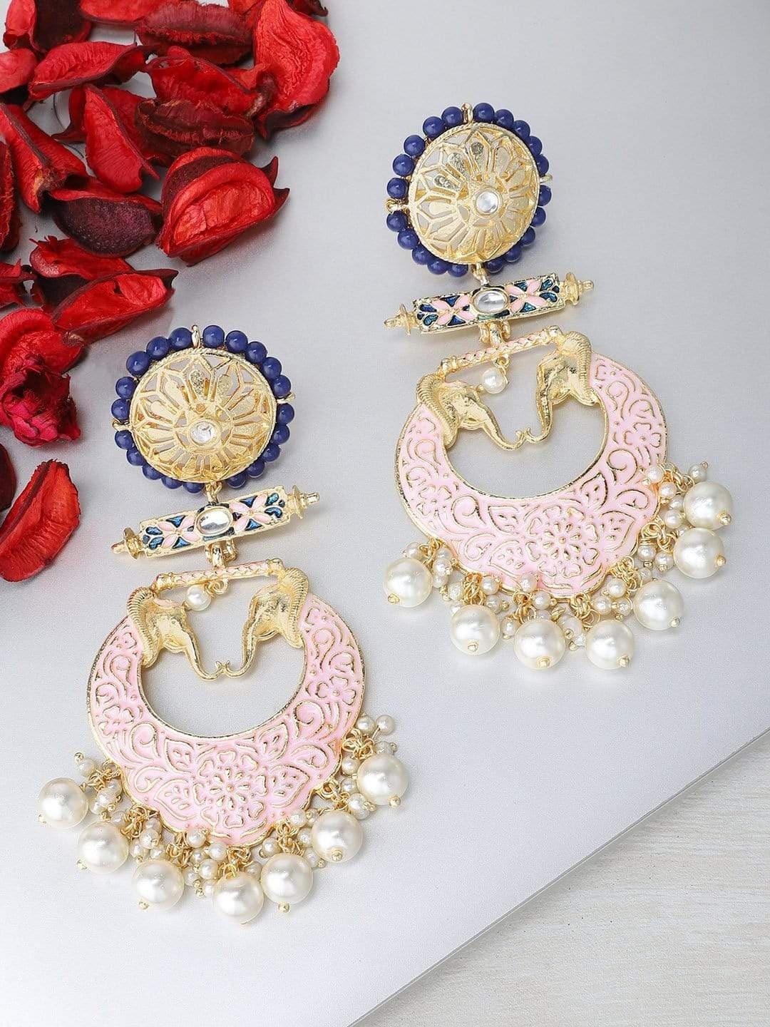 

Anouk Pink & Gold-Plated Classic Pearls Elephant Chandbalis Earrings