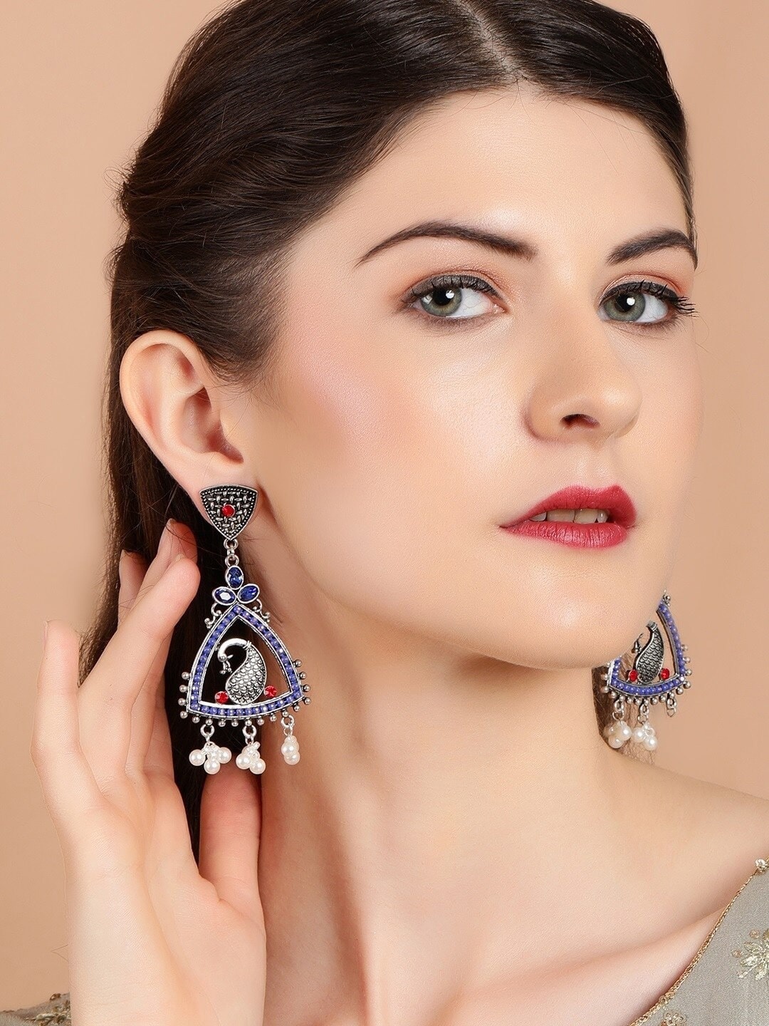 

Anouk Woman Blue Silver-Toned Classic Jhumkas Earrings