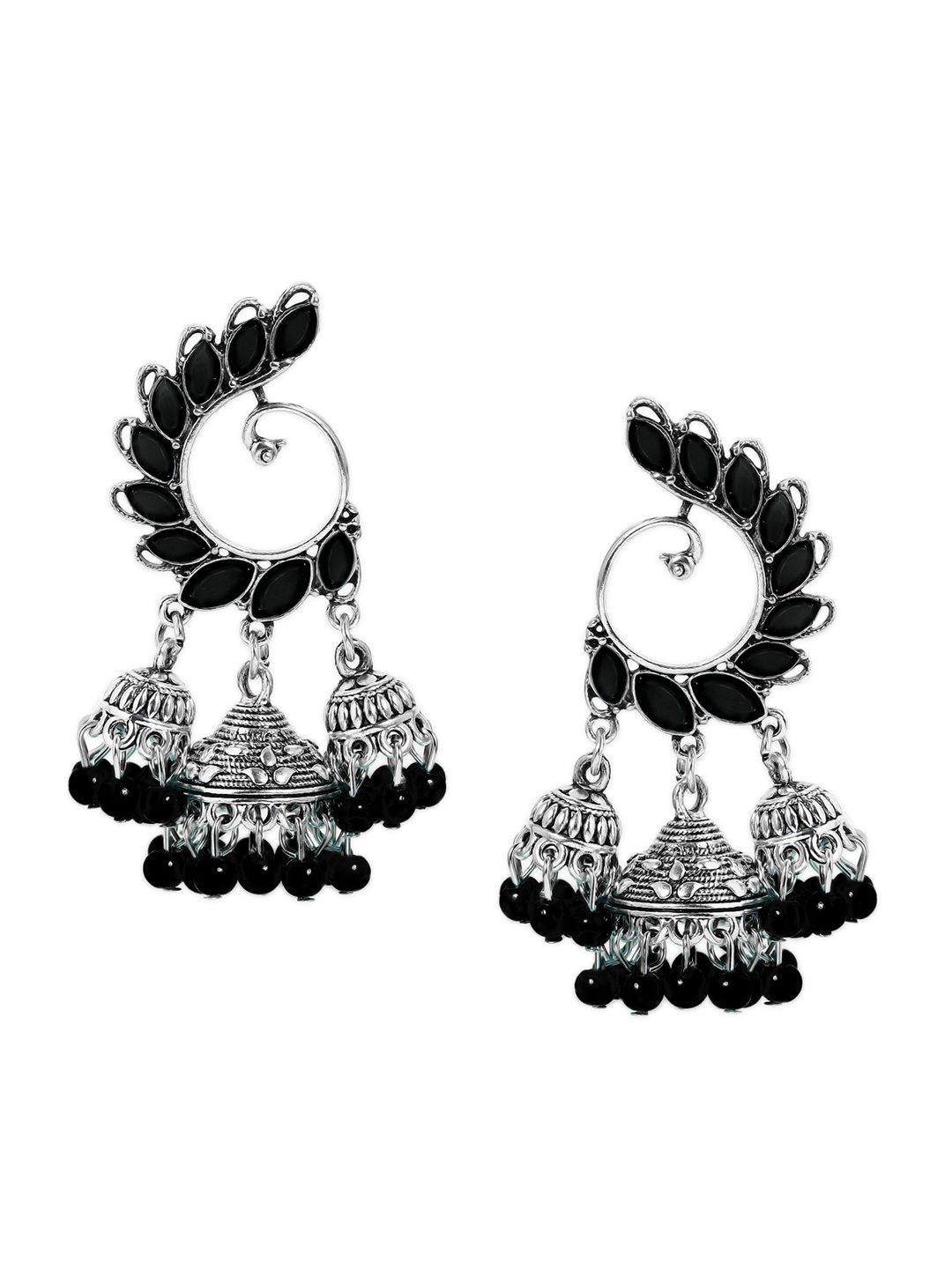 

Anouk Silver-Toned & Black Peacock Shaped Jhumkas Earrings