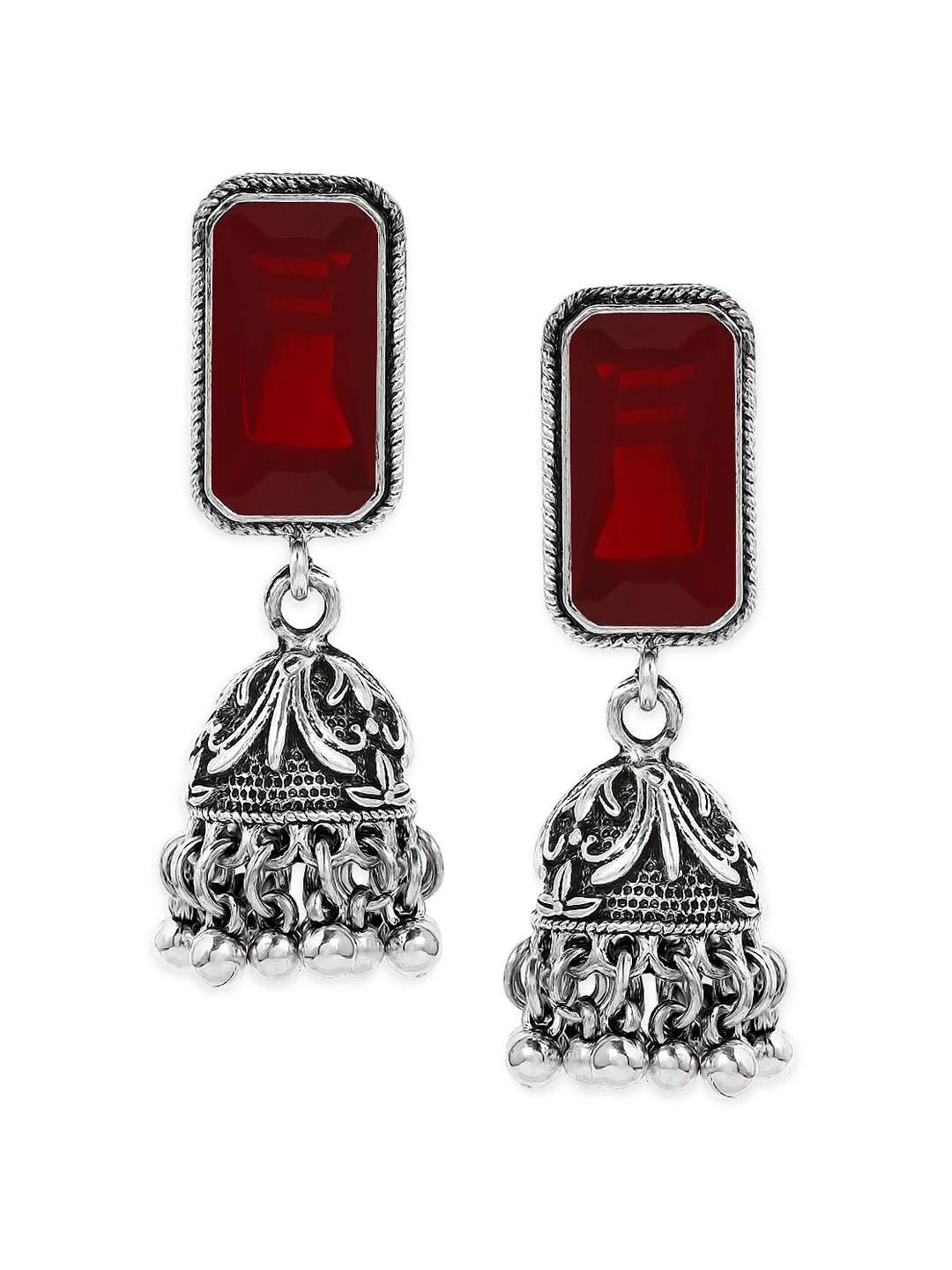 

Anouk Oxidised Silver-Toned & Maroon Rectangle Design Jhumka Earrings