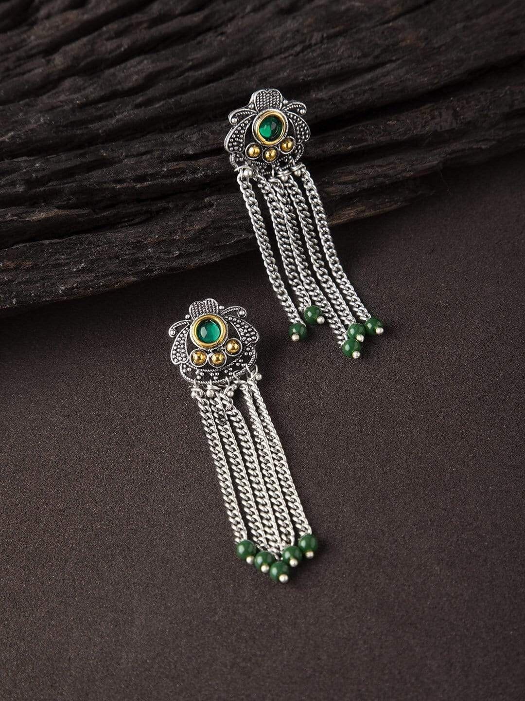 

Anouk Green & Silver-Plated Classic Oxidised Handcrafted Drop Earrings