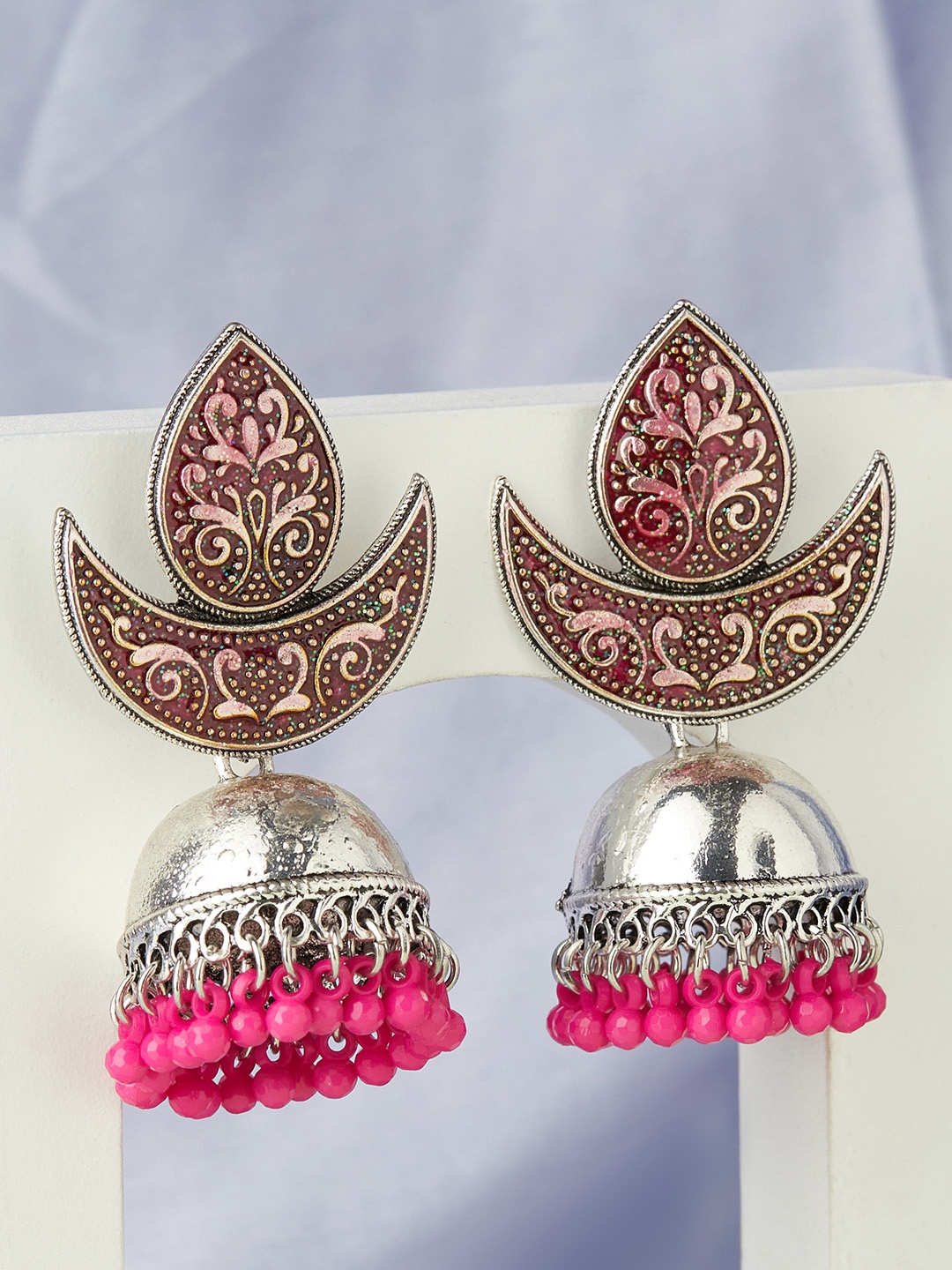 

Anouk Silver-Toned & Pink Crescent Shaped Jhumkas Earrings