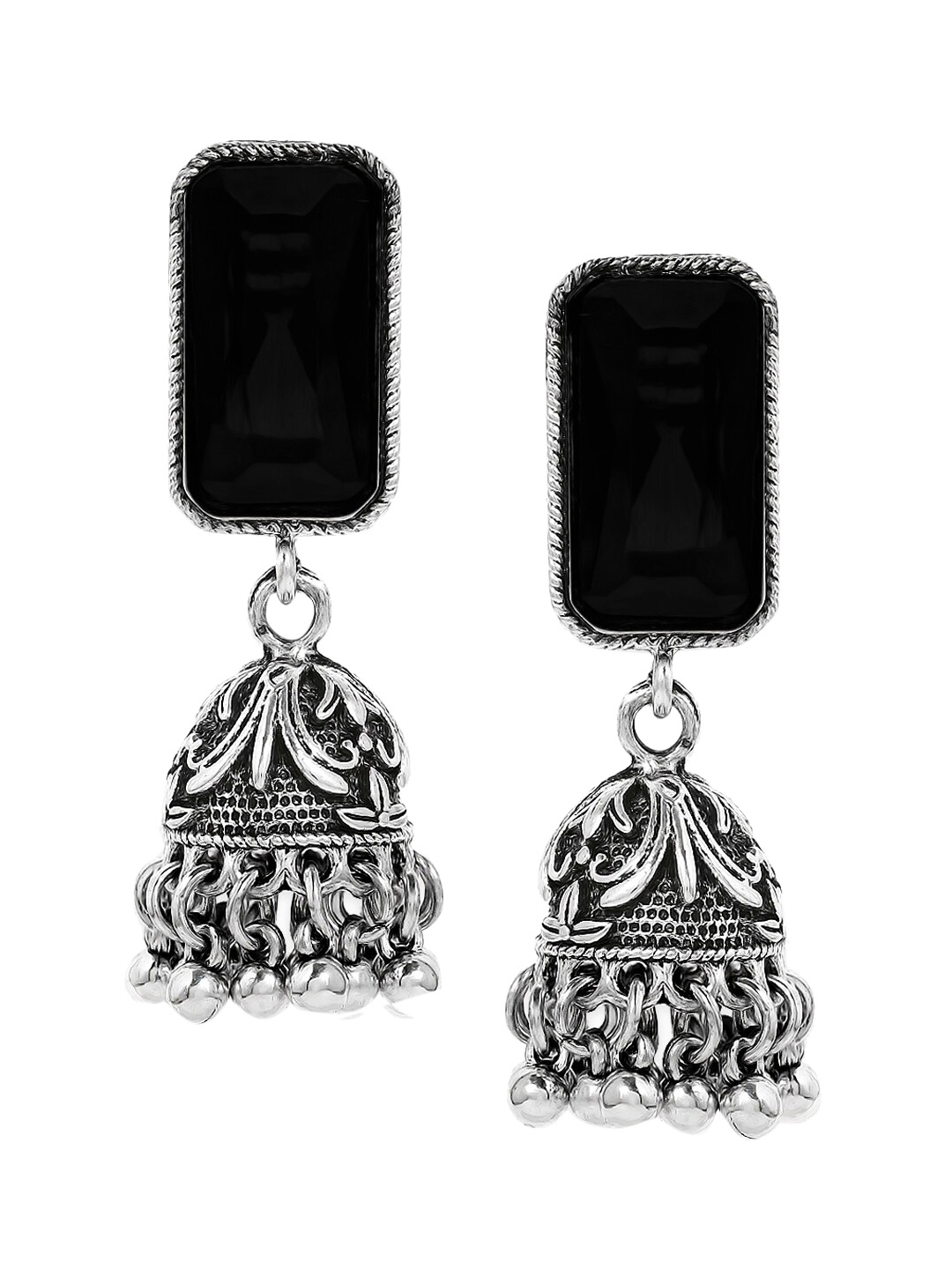 

Anouk Silver-Toned & Black Stone-Studded Classic Jhumkas Earrings