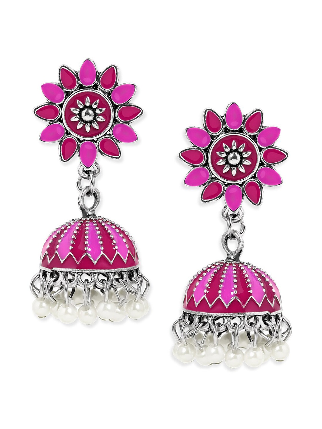 

Anouk Pink & Silver-Plated Sun Ring Classic Meenakari Jhumkas Earrings