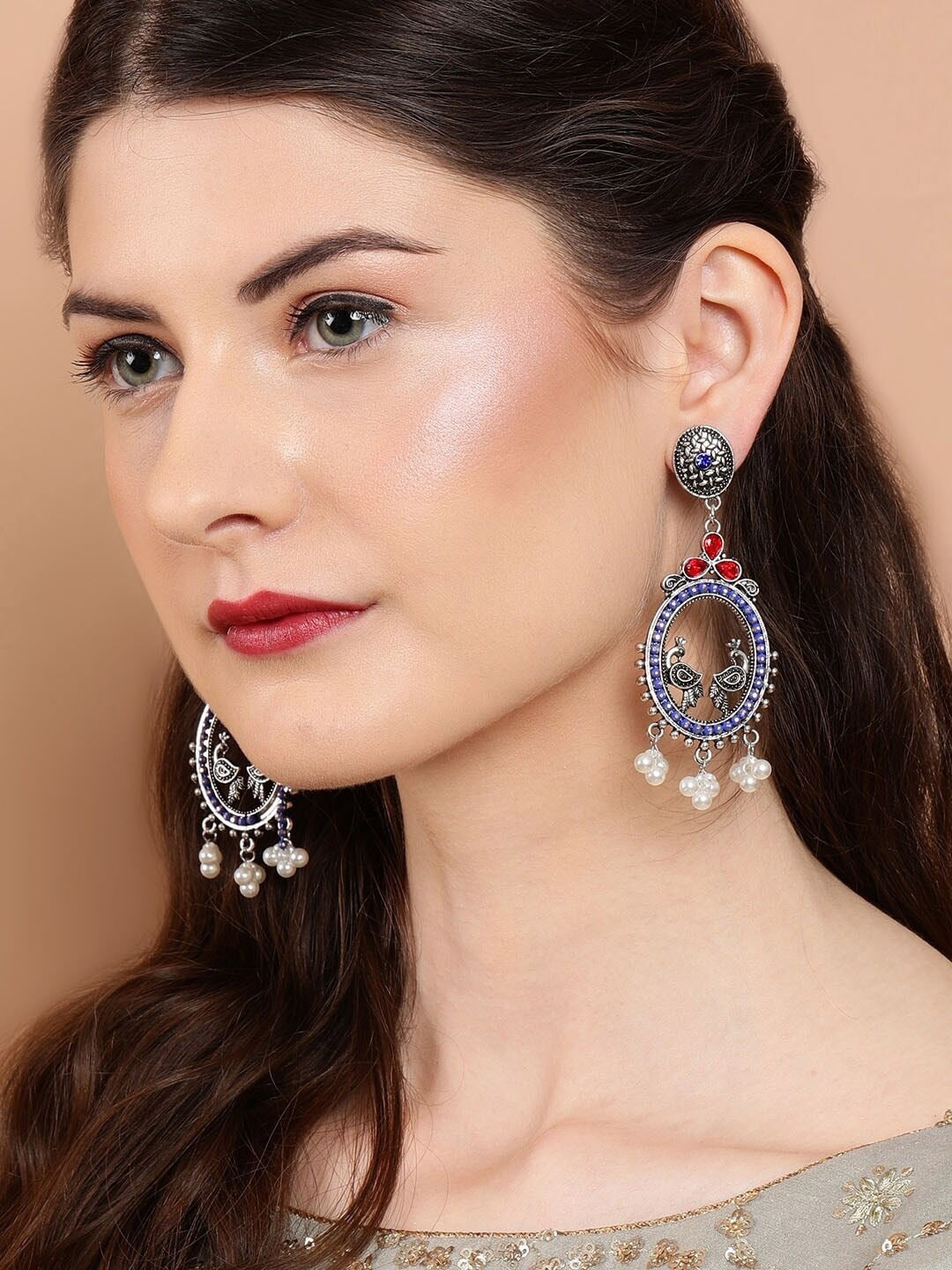 

Anouk Oxidised Silver-Toned Stone Studded Oval Shape Drop Earrings