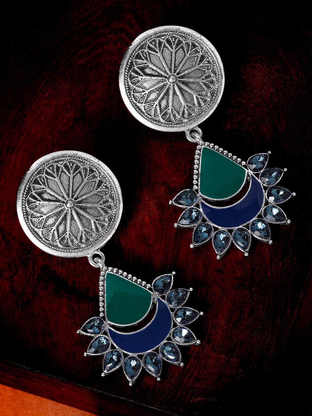 

Anouk Green & Silver-Plated Leaf Shaped Oxidised Drop Earrings