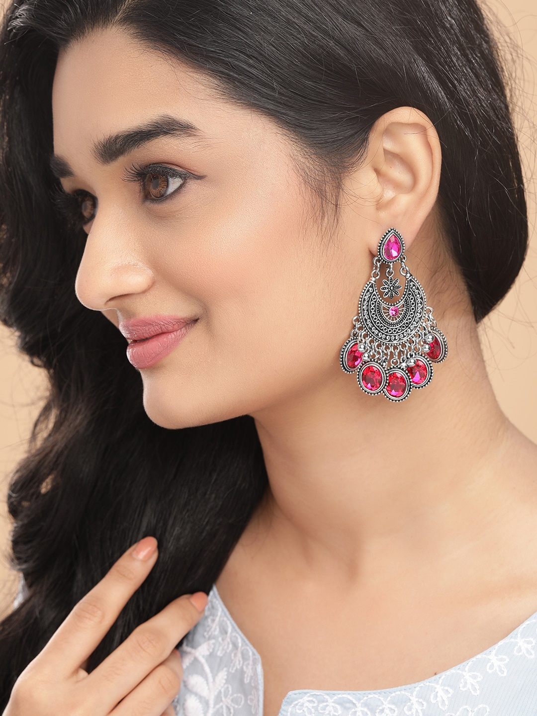 

Anouk Woman Oxidised Silver-Toned Pink Gemstone Chandbali Earrings