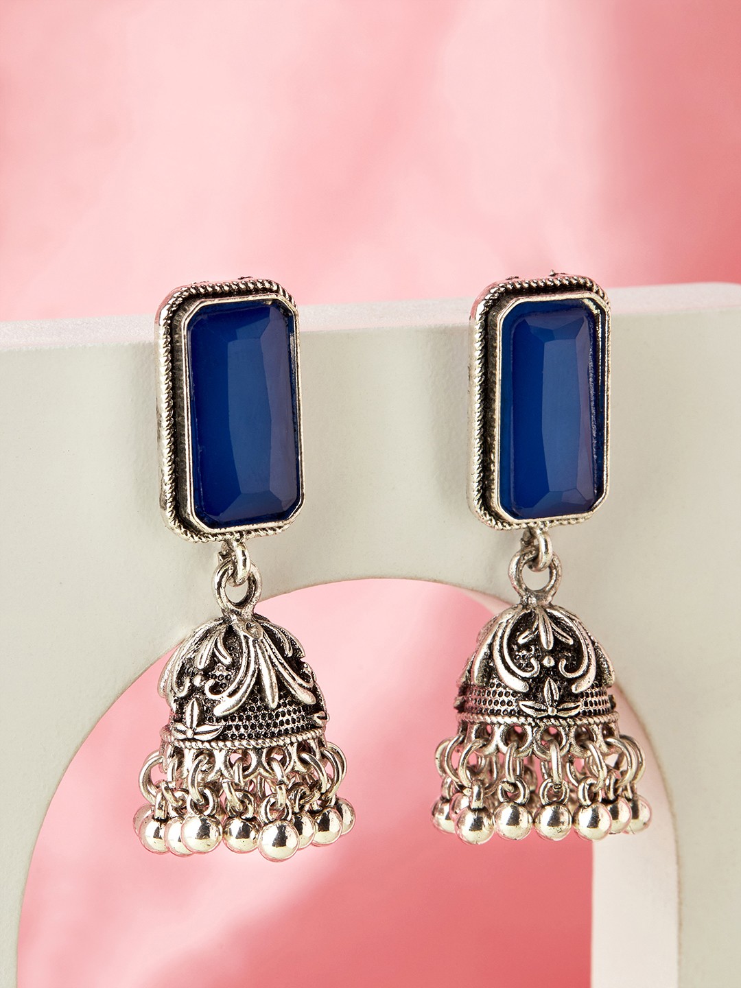 

Anouk Woman Oxidised Silver-Toned Blue Stone Jhumkas Earrings