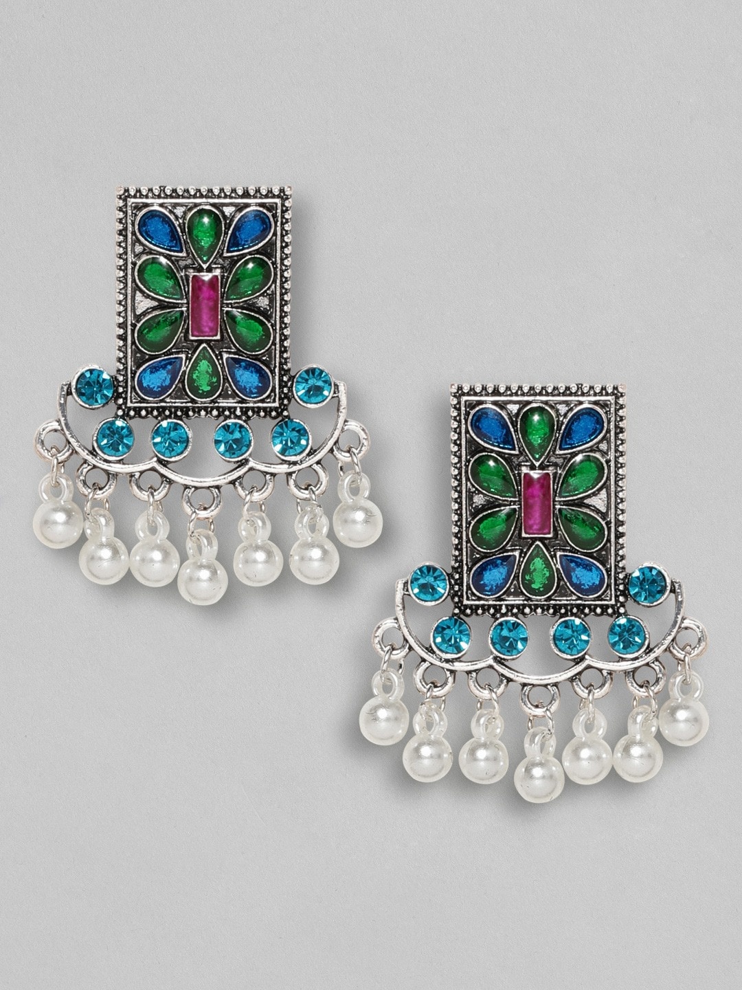 

Anouk Green & Blue-Toned Silver-Plated Mor-Pankhi Pearls Square Handcrafted Drop Earrings