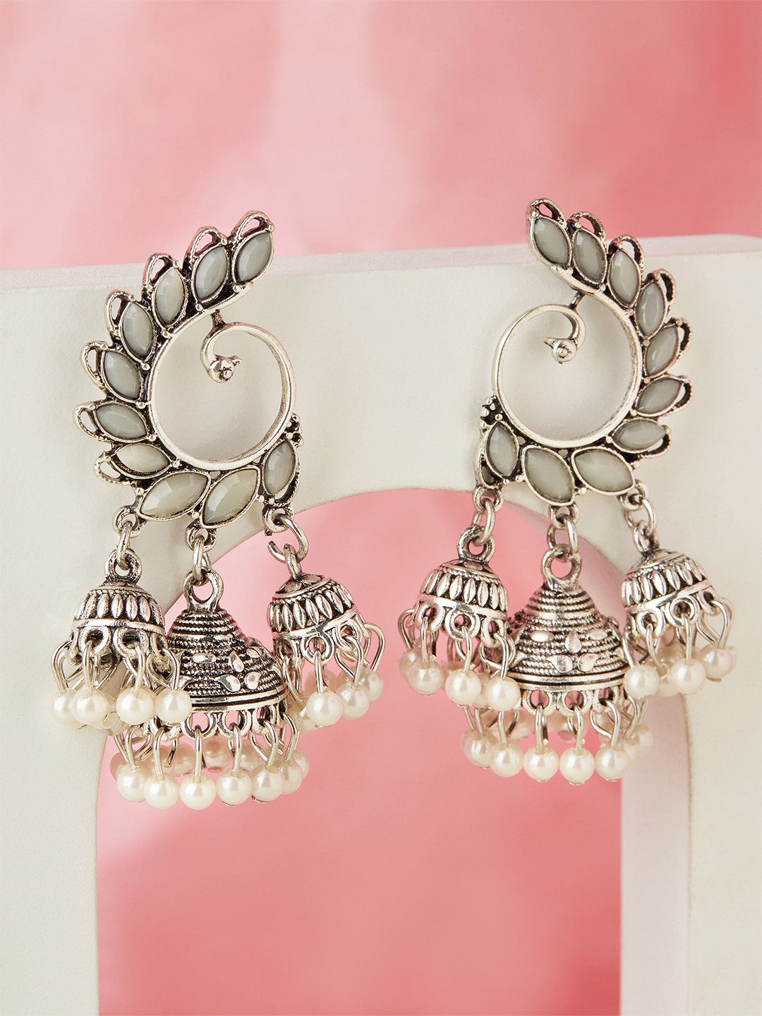 

Anouk Grey & Silver-Plated Peacock Wing Handcrafted Jhumkas Earrings