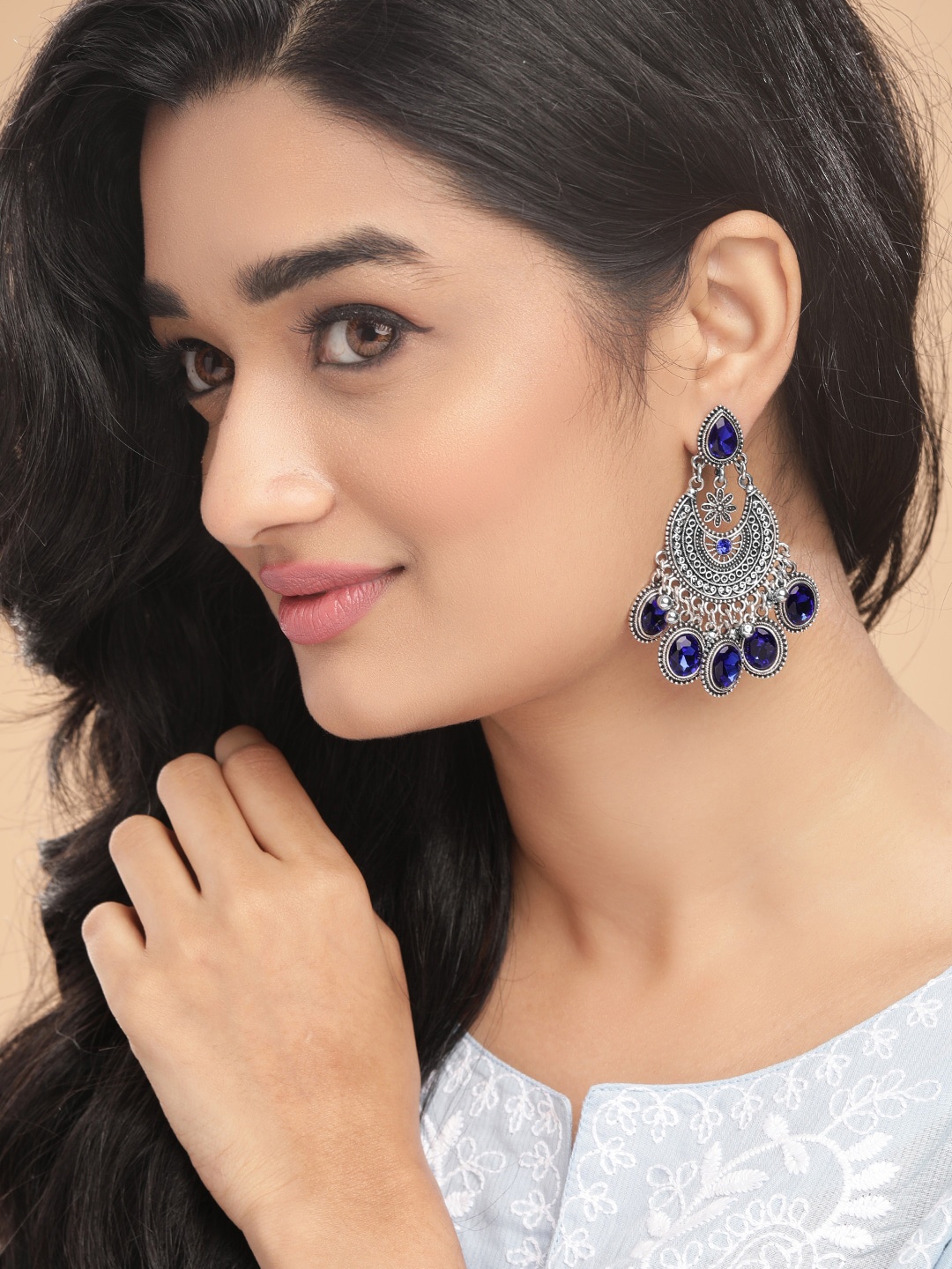 

Anouk Woman Blue Silver-Toned Chandbali Earrings