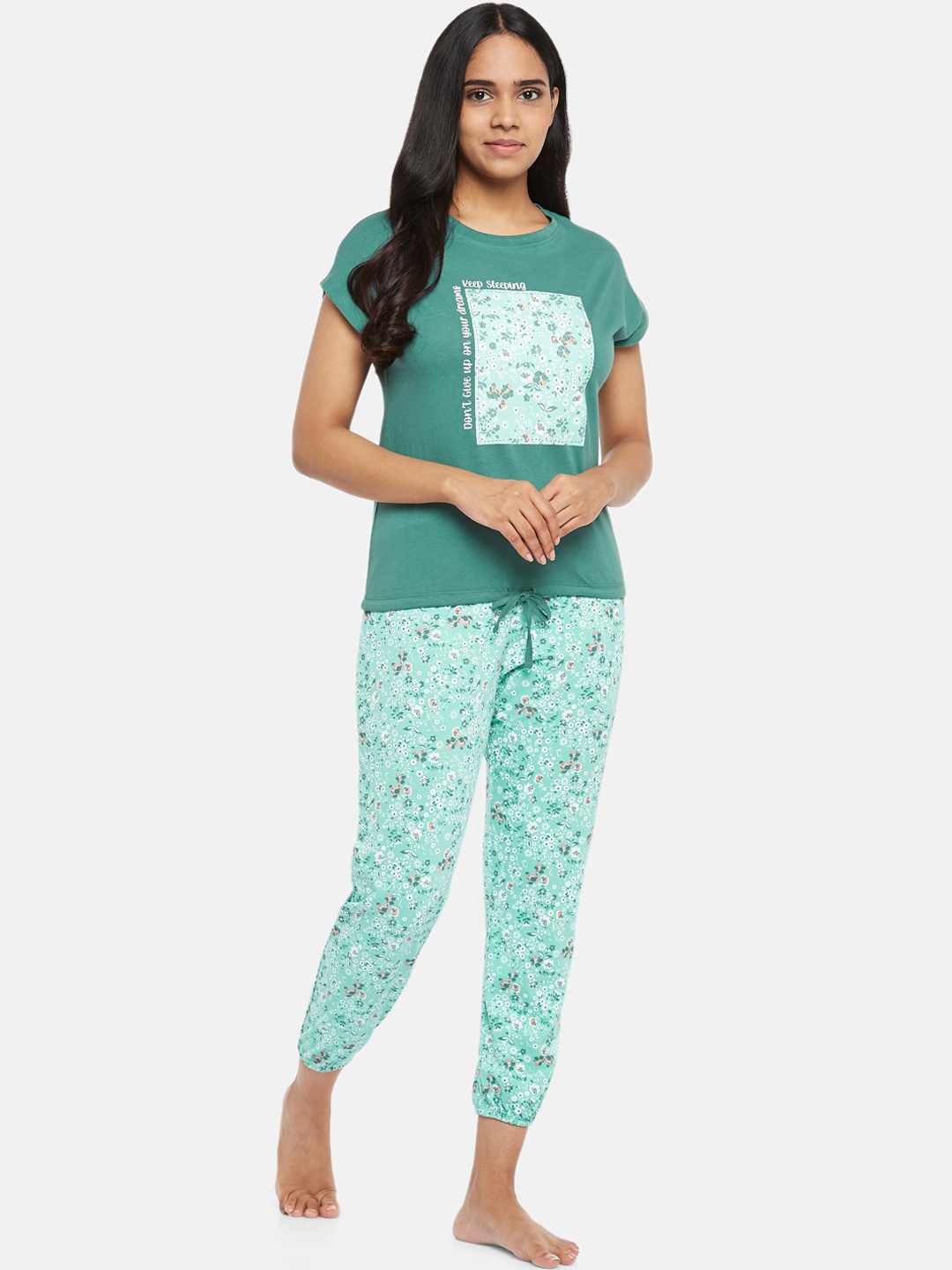 

People Women Sea Green & White Printed Pure Cotton Night Suit