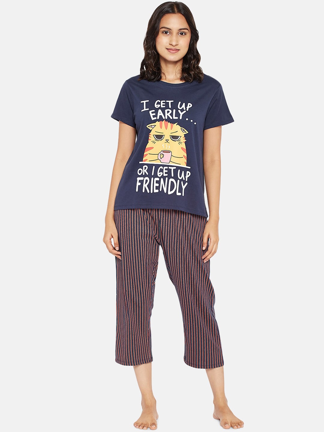 

People Women Navy Blue & Orange Printed Pure Cotton Night Suit