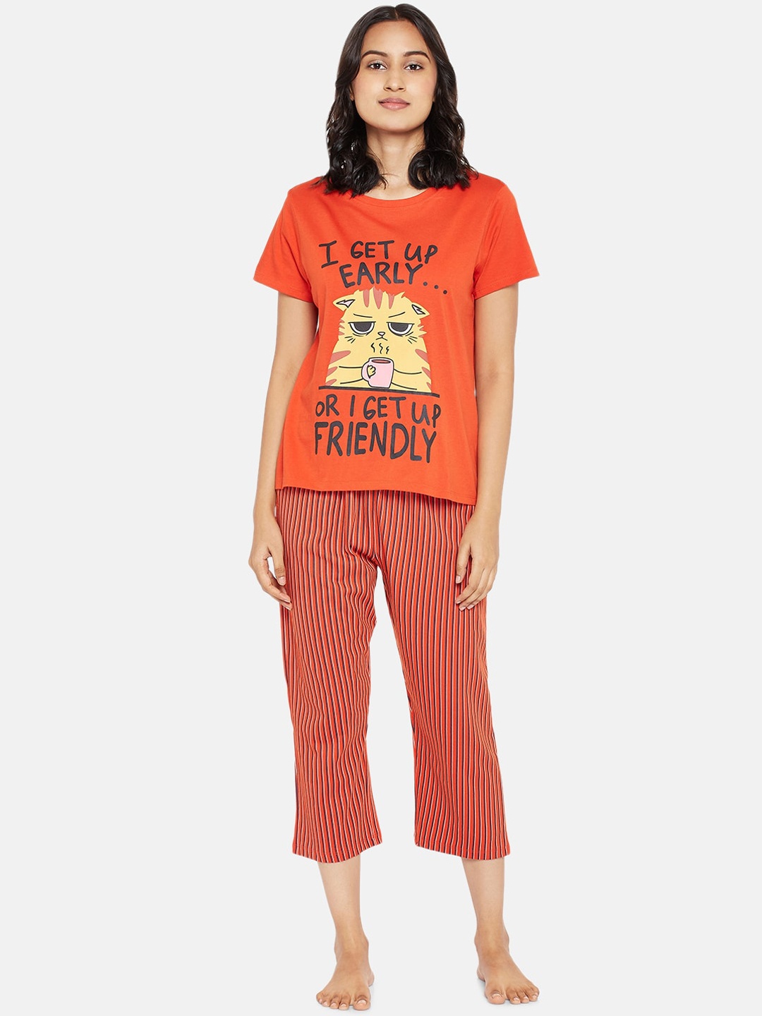 

People Women Orange & Black Printed Pure Cotton Night Suit