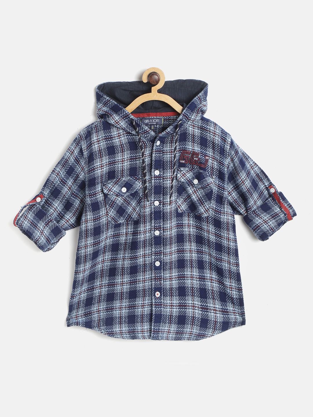 

Gini and Jony Boys Navy Blue & White Shepherd Checked Cotton Hooded Casual Shirt