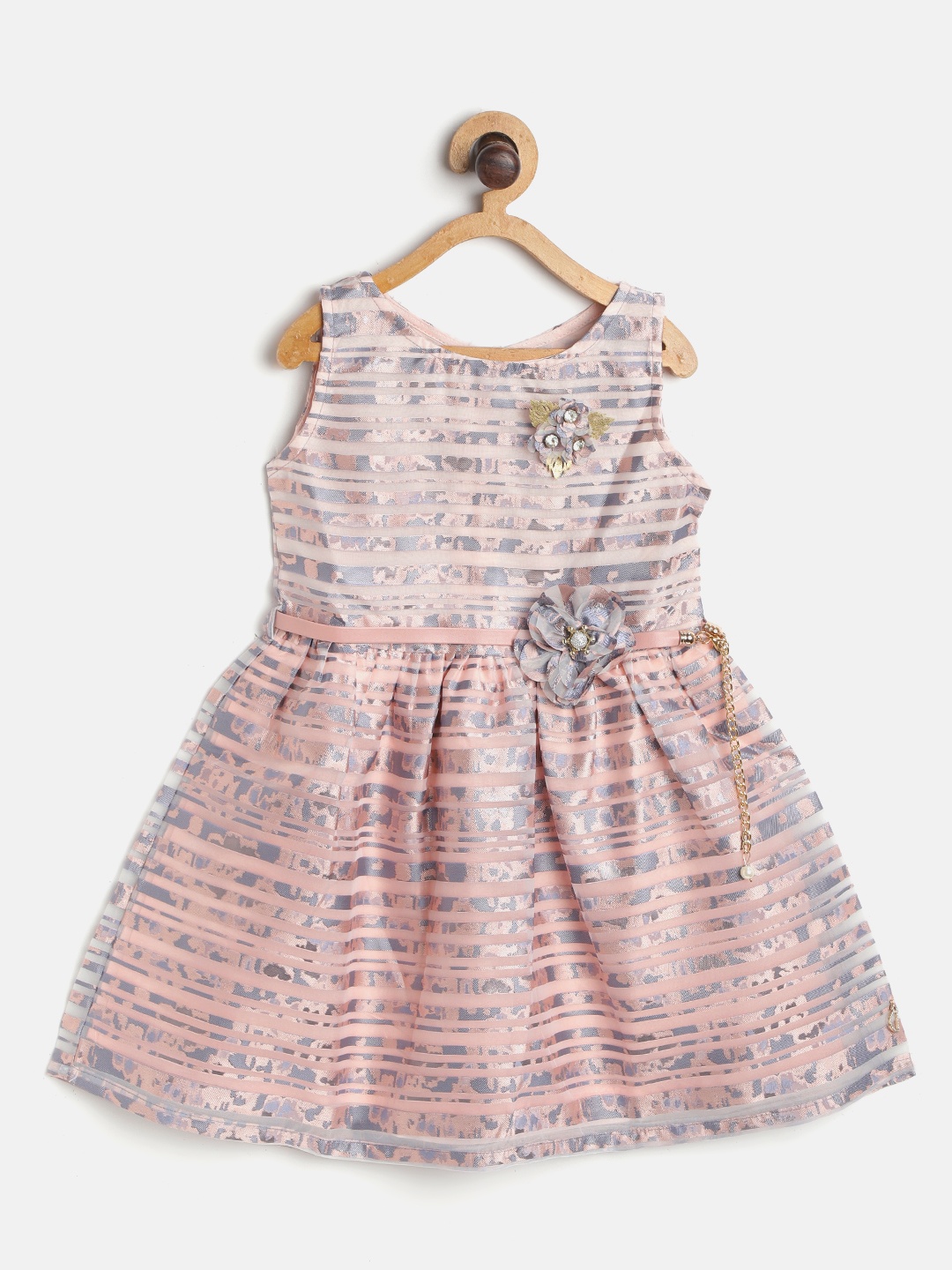 

Gini and Jony Girls Peach-Coloured & Grey Striped Fit & Flare Dress with Belt