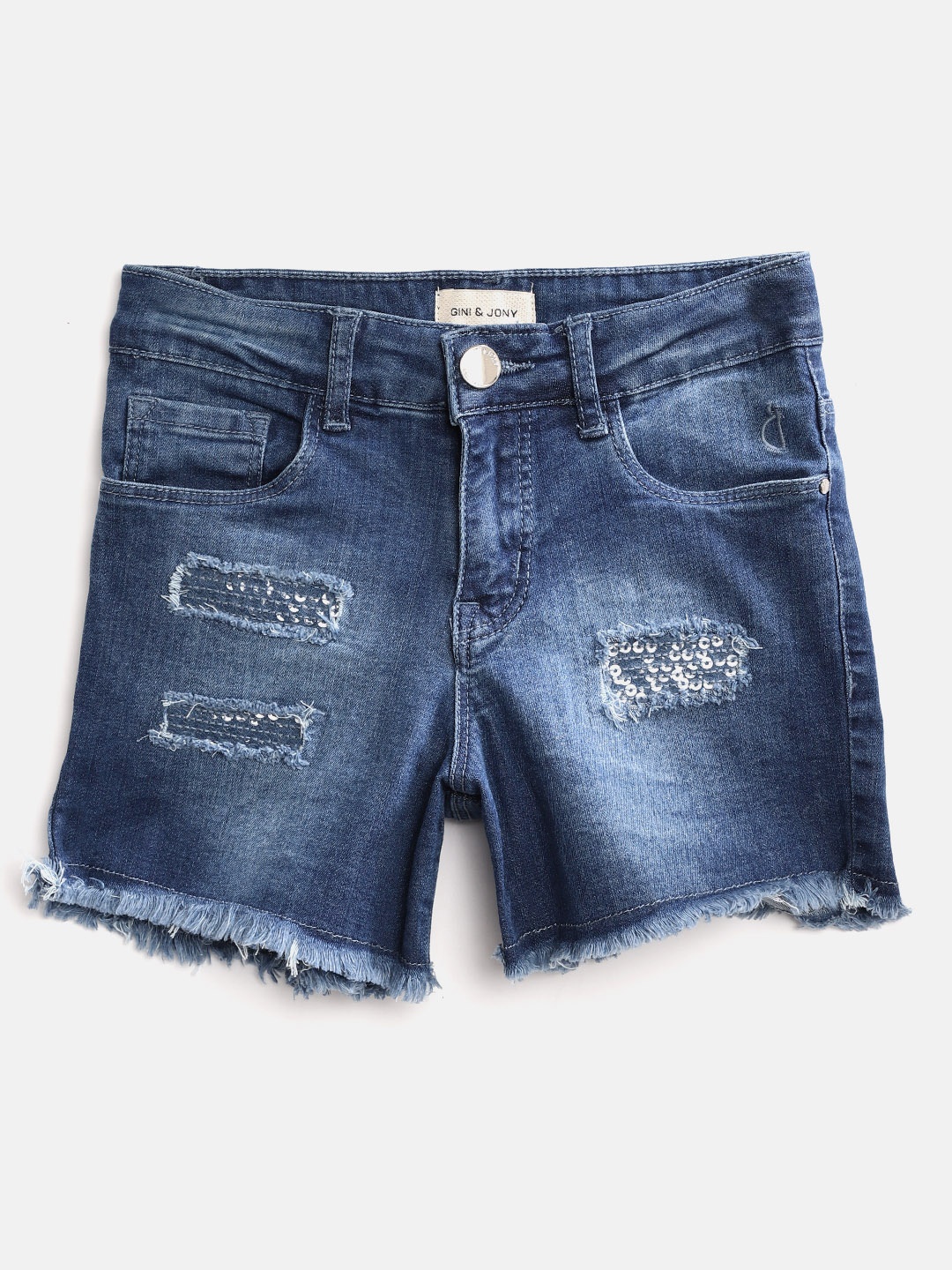 

Gini and Jony Girls Navy Blue Washed Sequinned Applique Detail Frayed Hem Denim Shorts