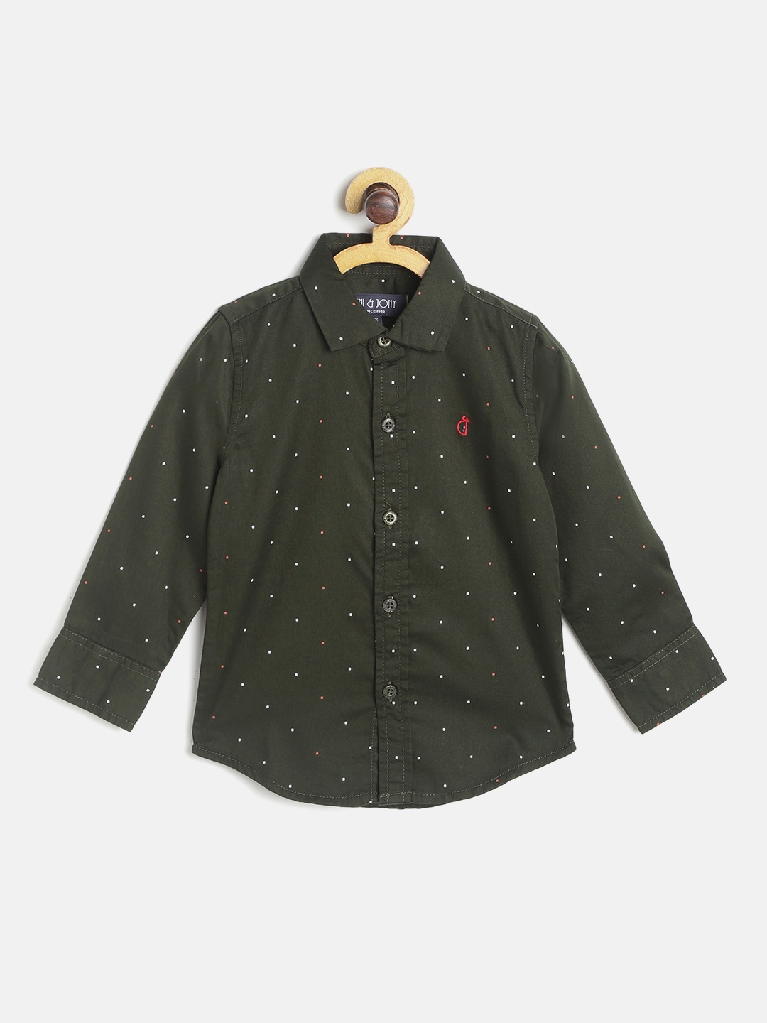 

Gini and Jony Boys Olive Green & White Polka Dots Print Cotton Casual Shirt